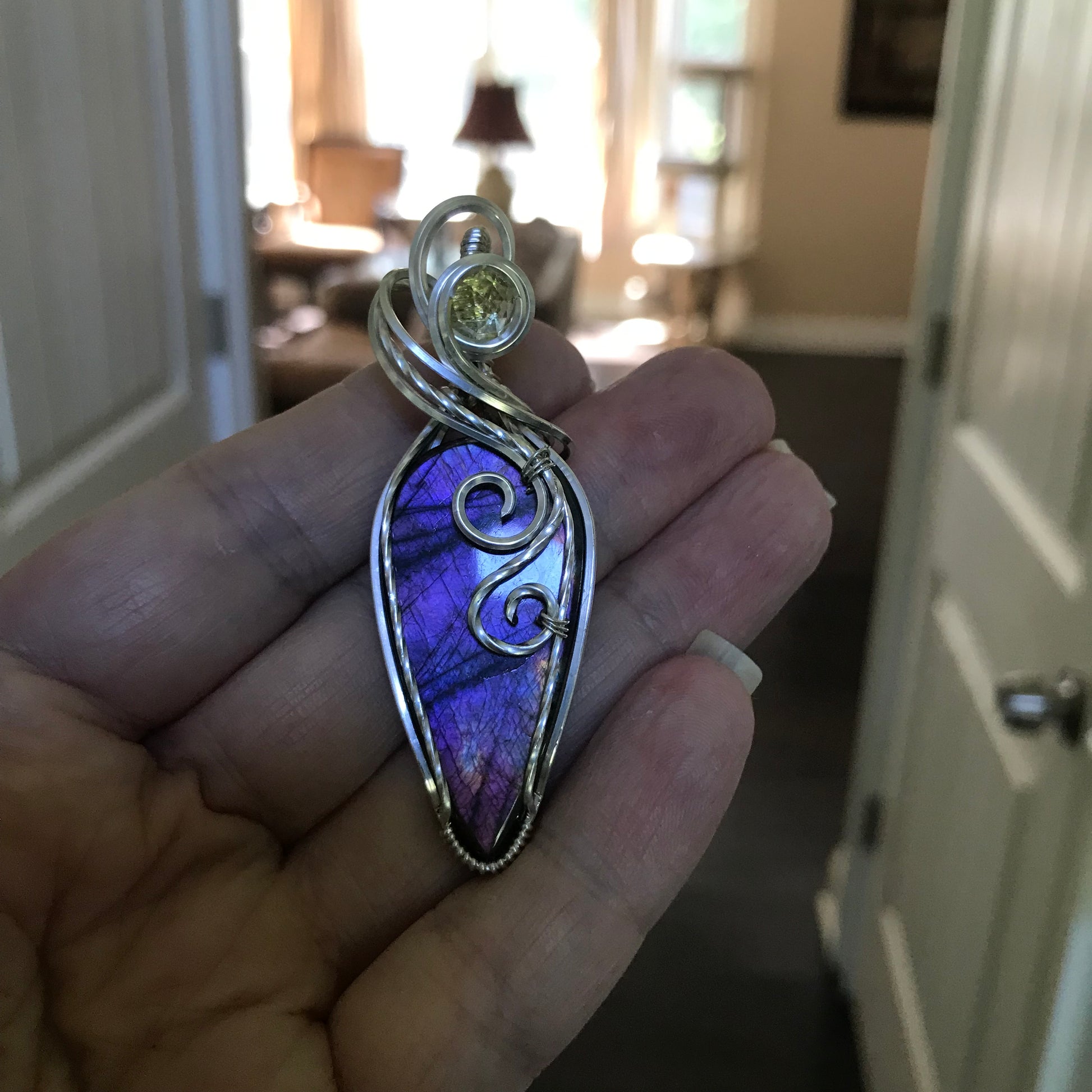 Purple Labradorite & Lemon Quartz Teardrop Silver Necklace