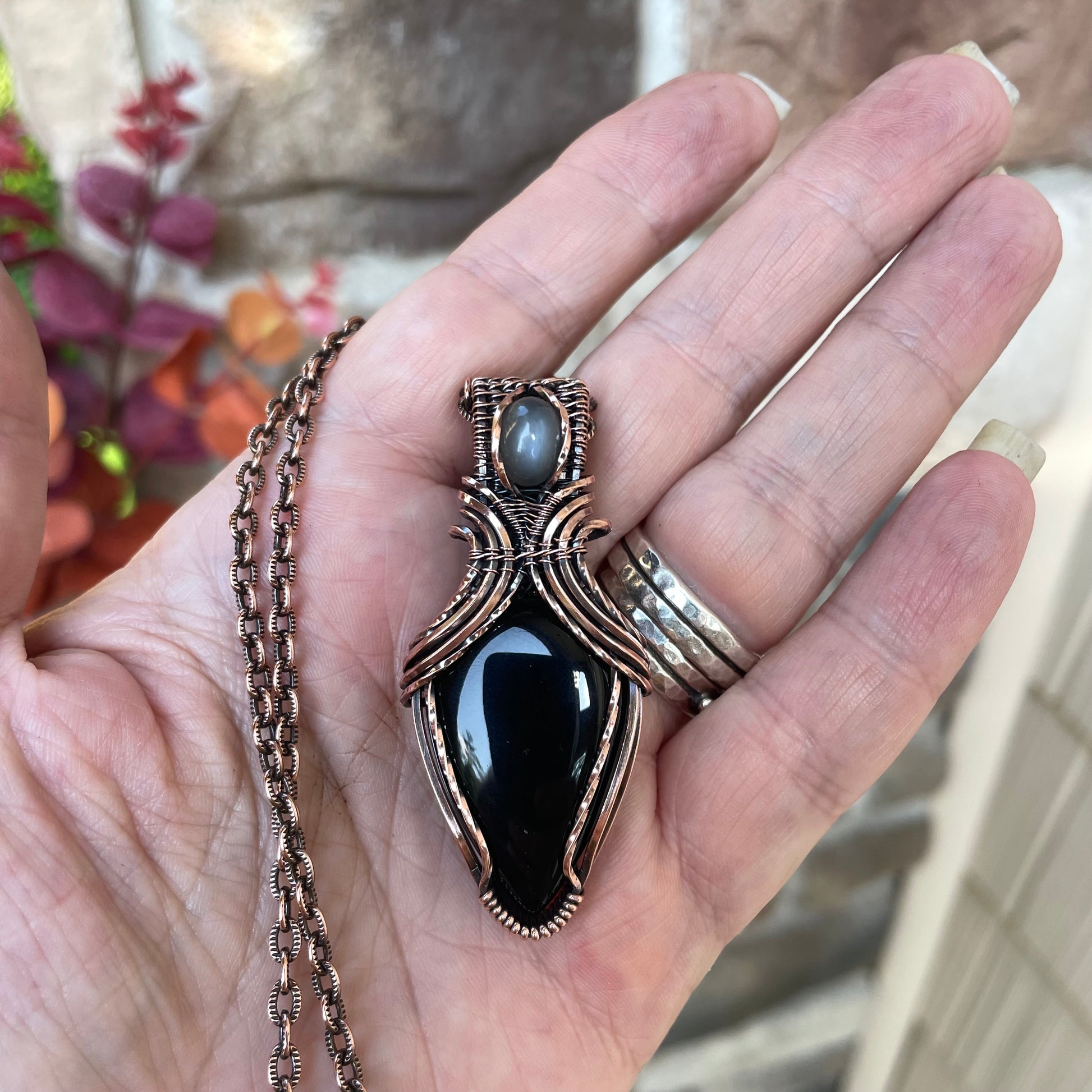 Black Onyx & Gray Moonstone Copper Pendant