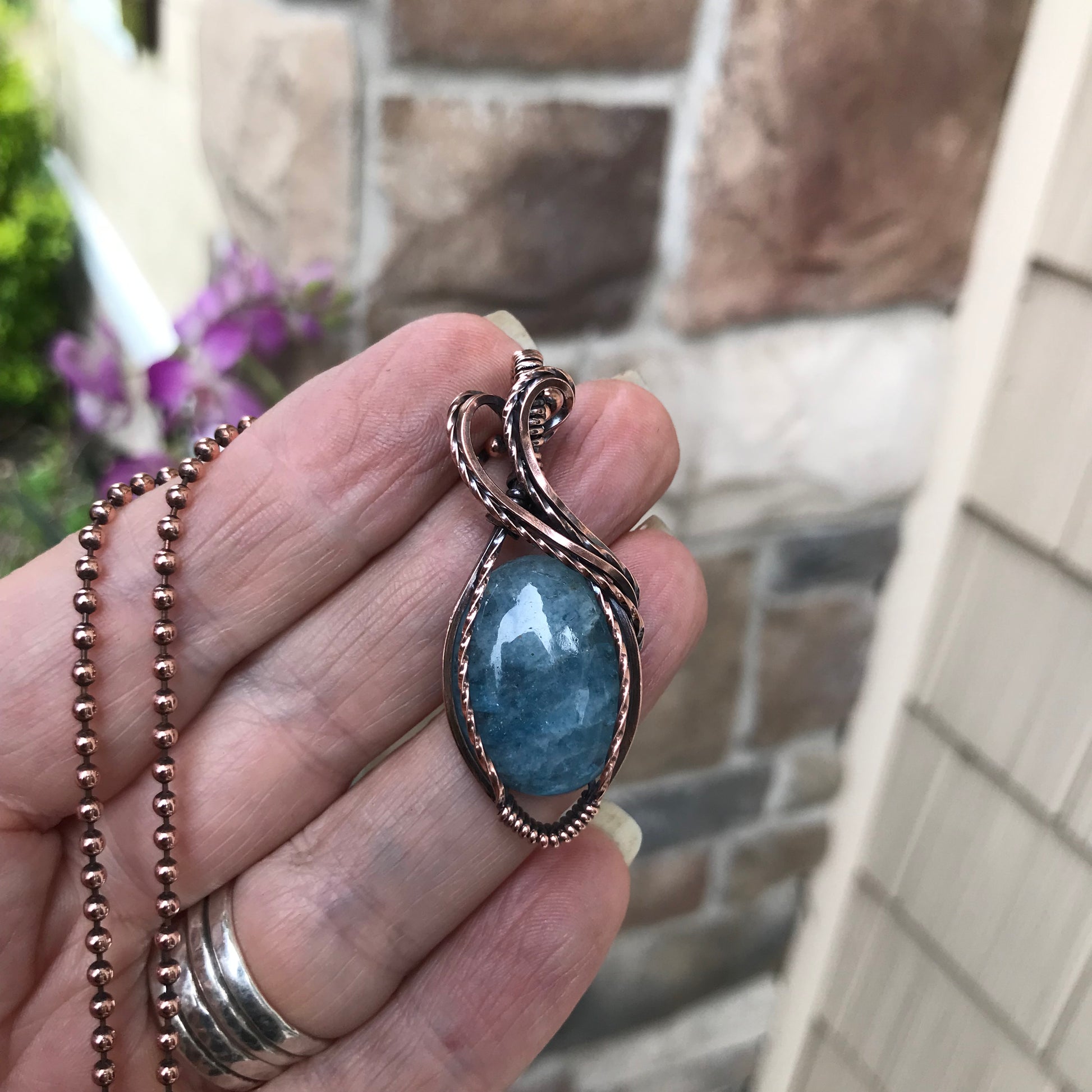 Aquamarine Oval Copper Pendant
