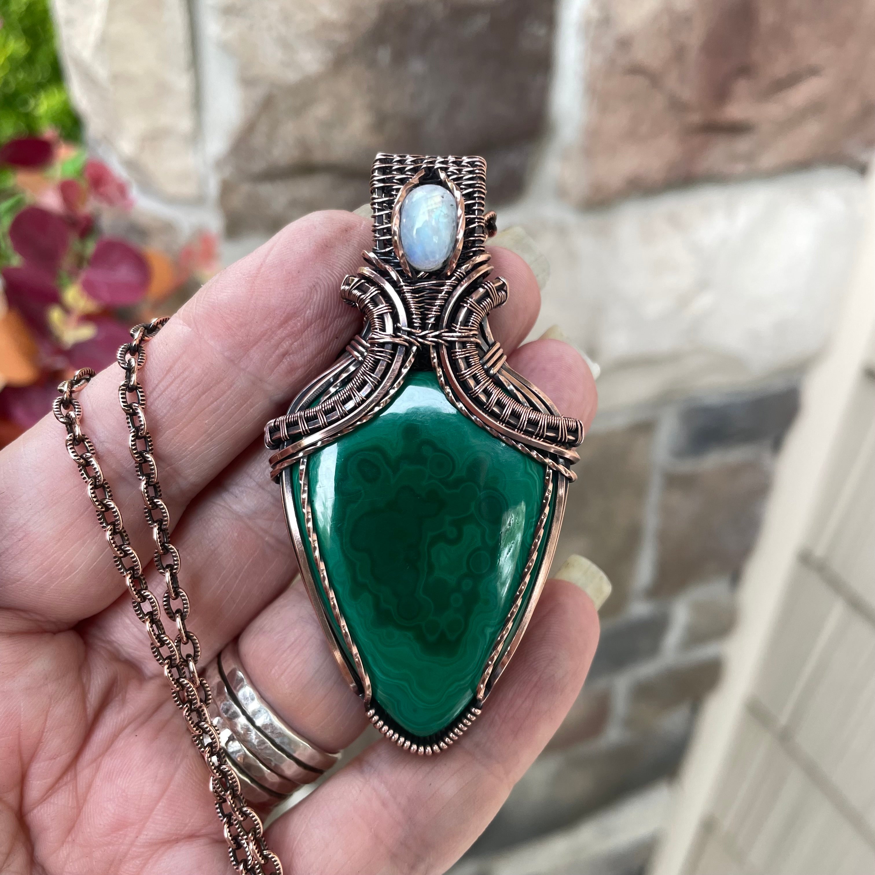 Malachite & Moonstone Copper Pendant with Weaving