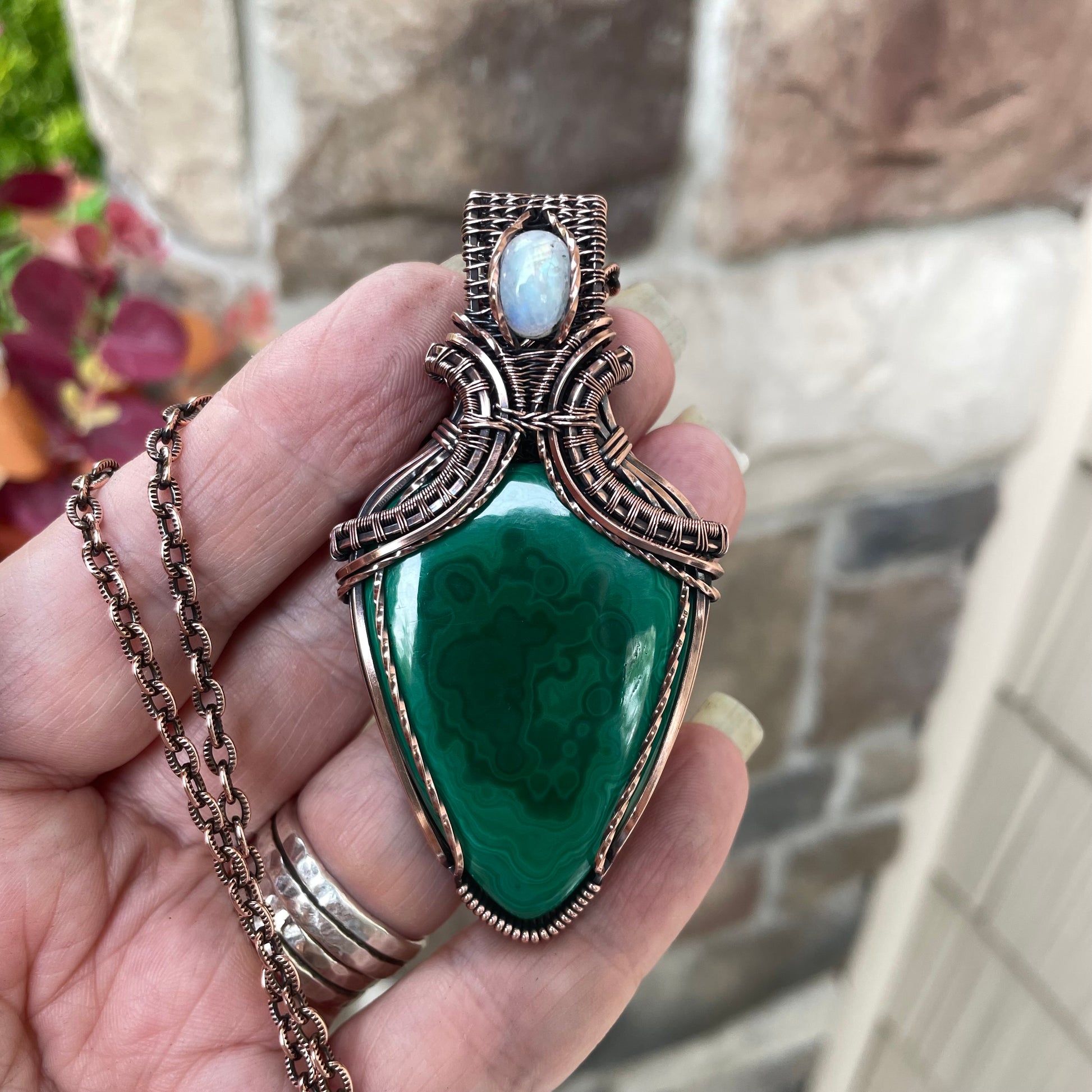 Malachite & Moonstone Copper Pendant with Weaving