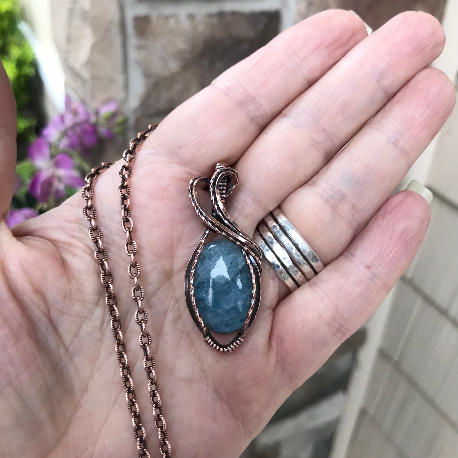 Aquamarine Oval Copper Pendant