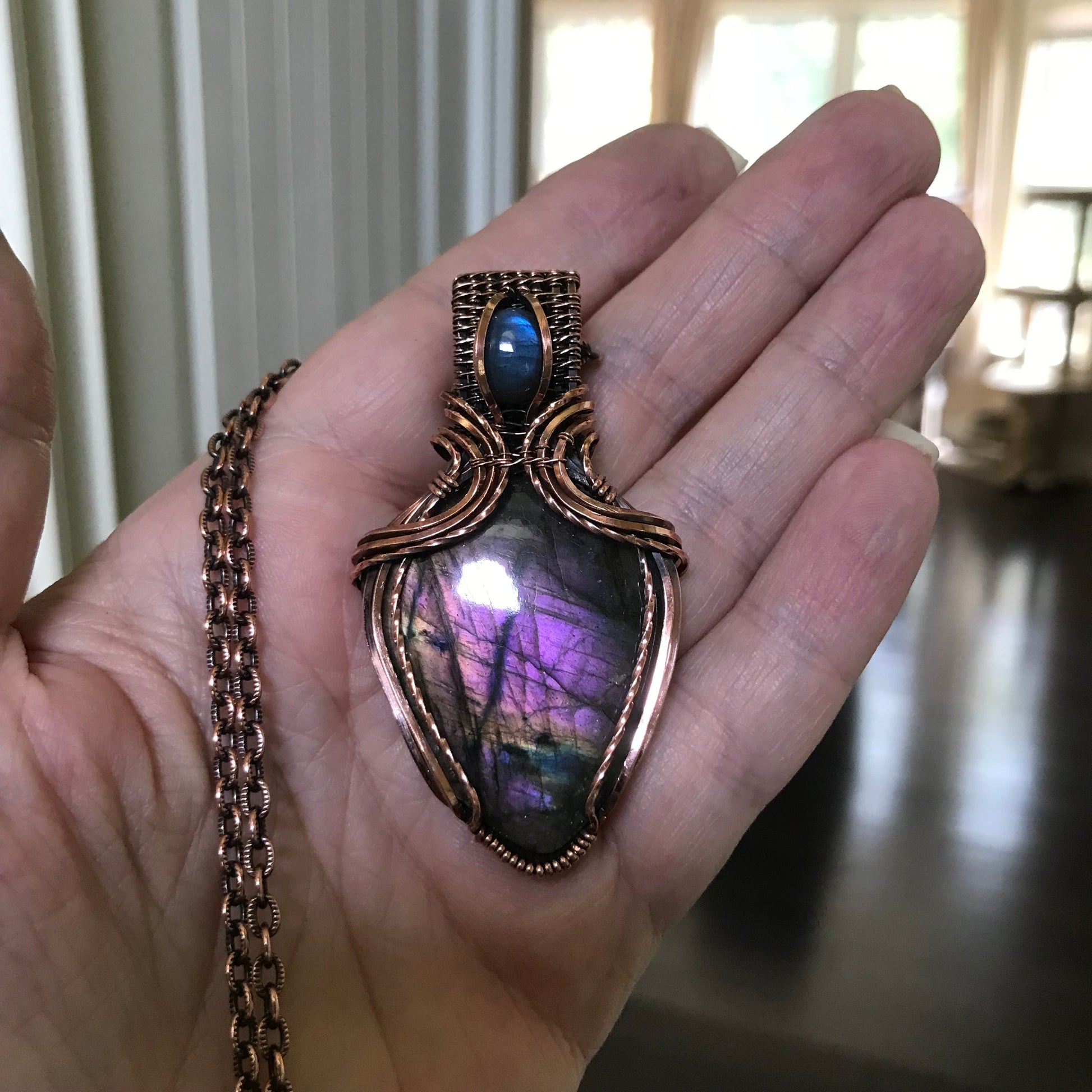 Purple & Blue Labradorite Copper Pendant with Weaving
