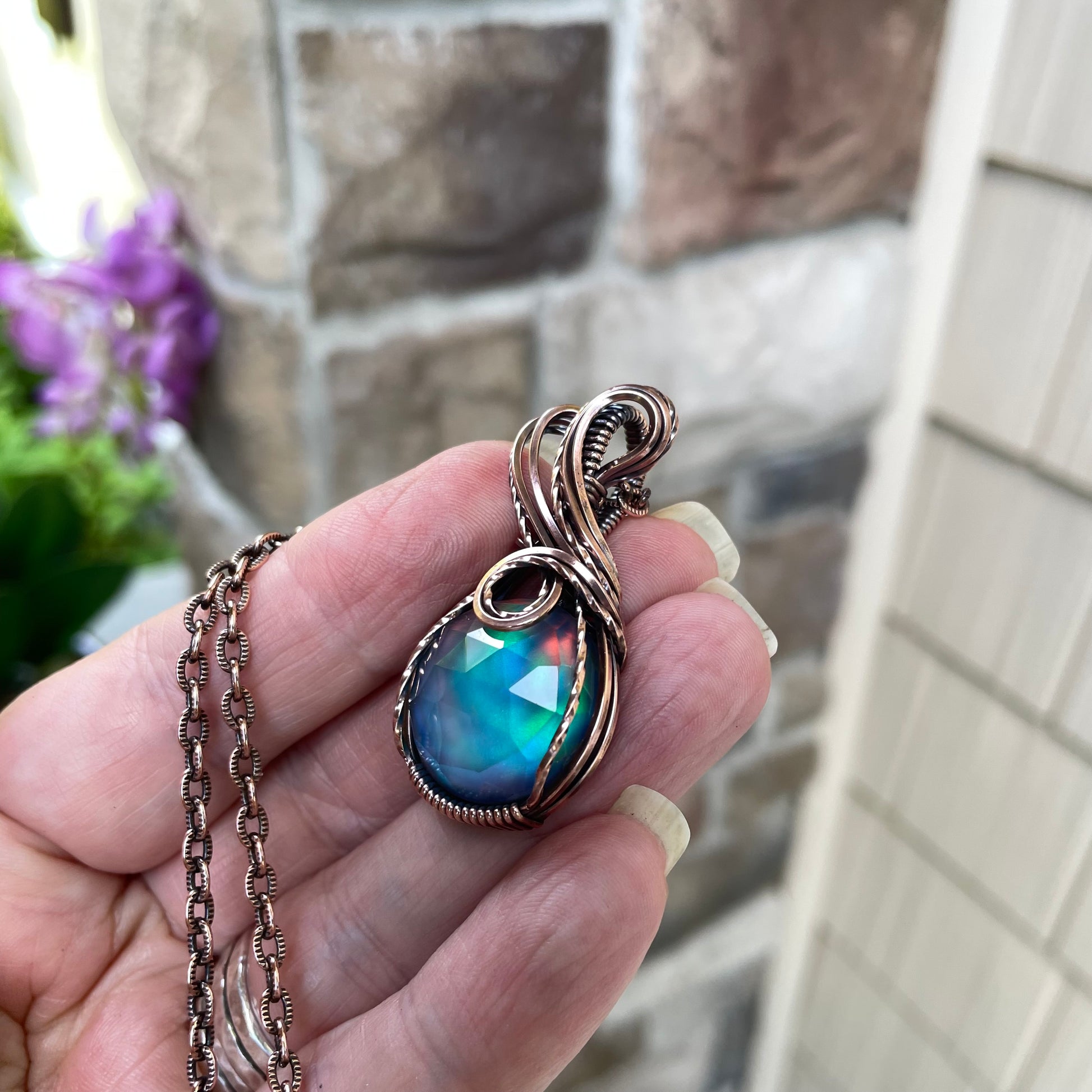 Aurora Opal Blue Green Copper Necklace