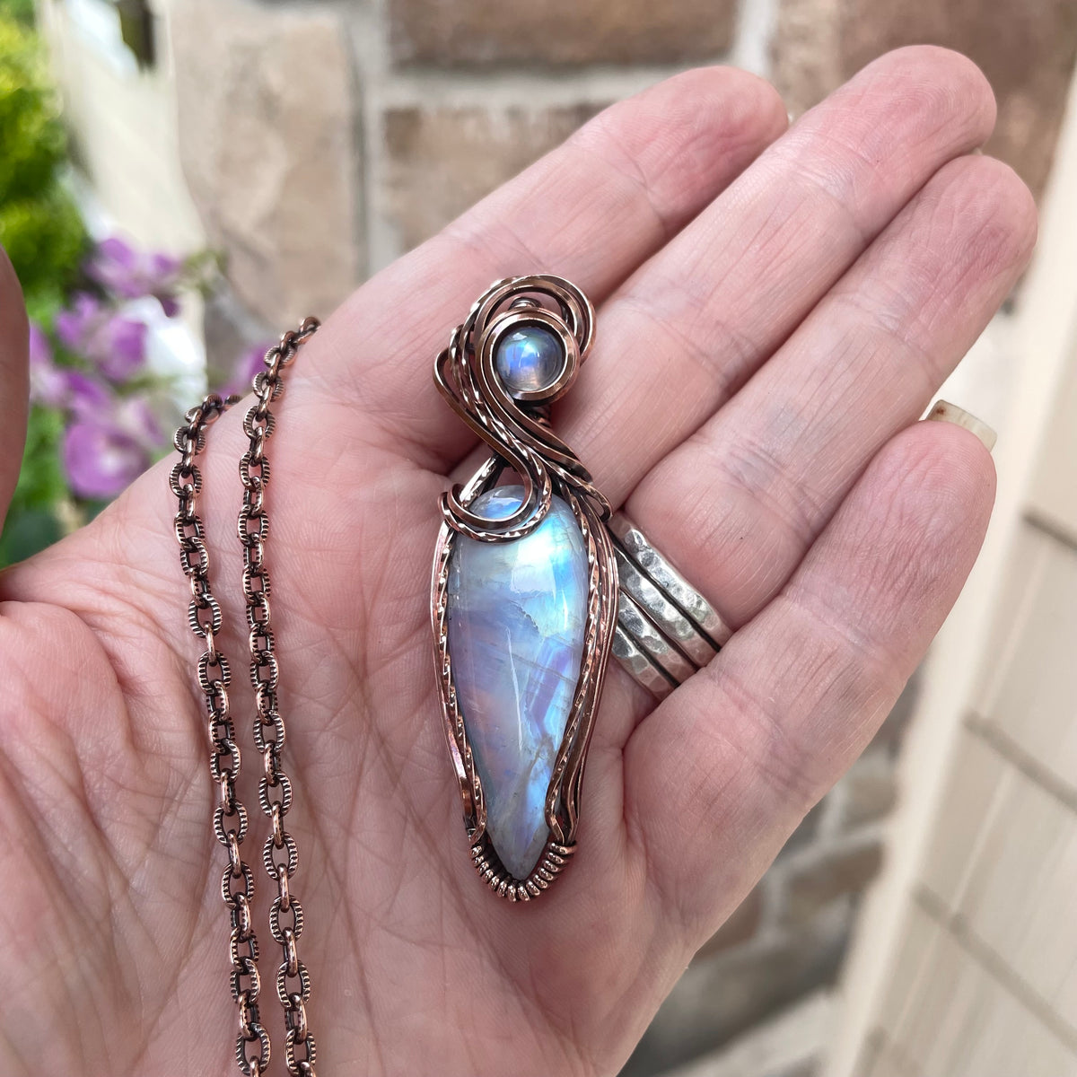 Moonstone Slender Swirly Copper Pendant