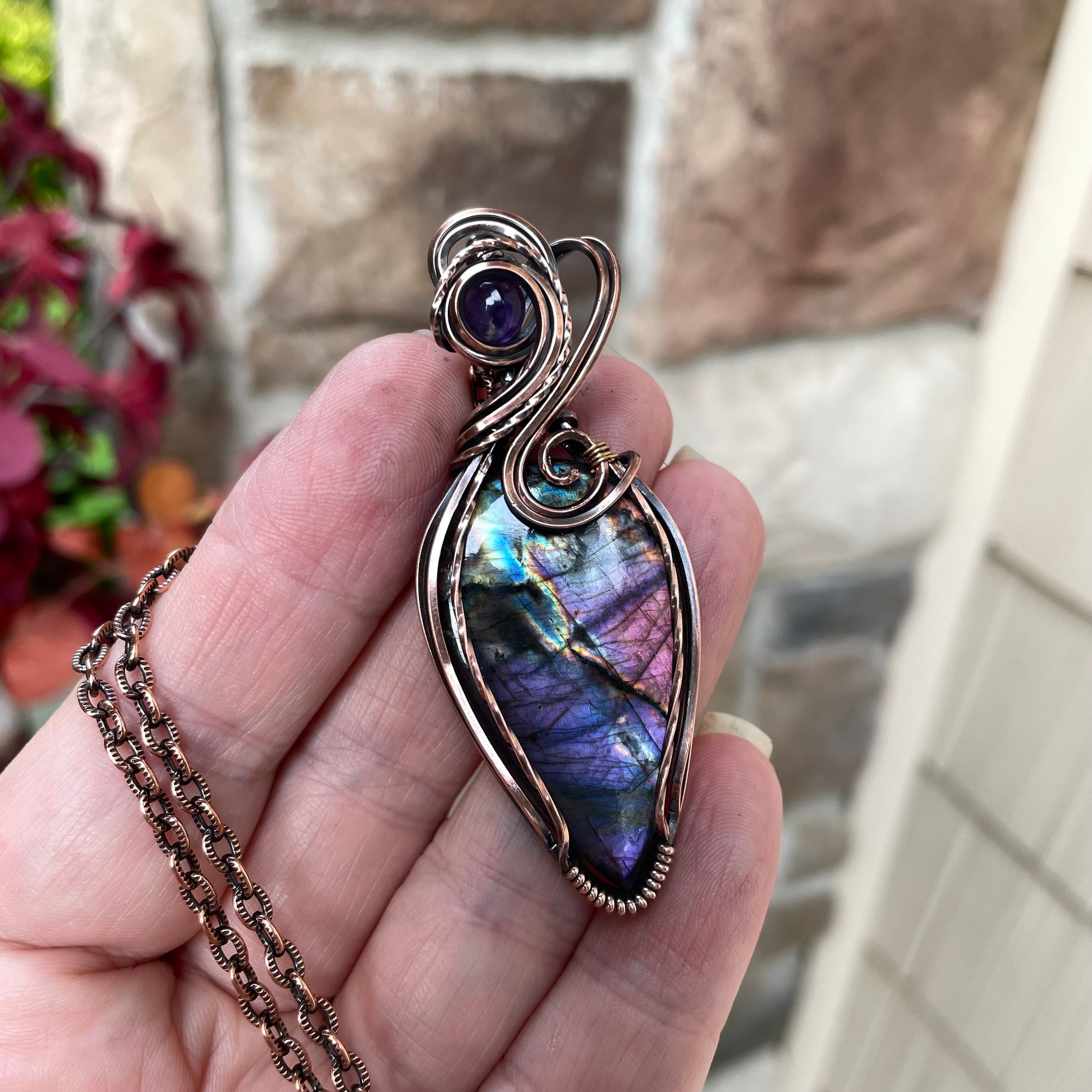 Purple Rainbow Labradorite & Amethyst Swirly Copper Pendant