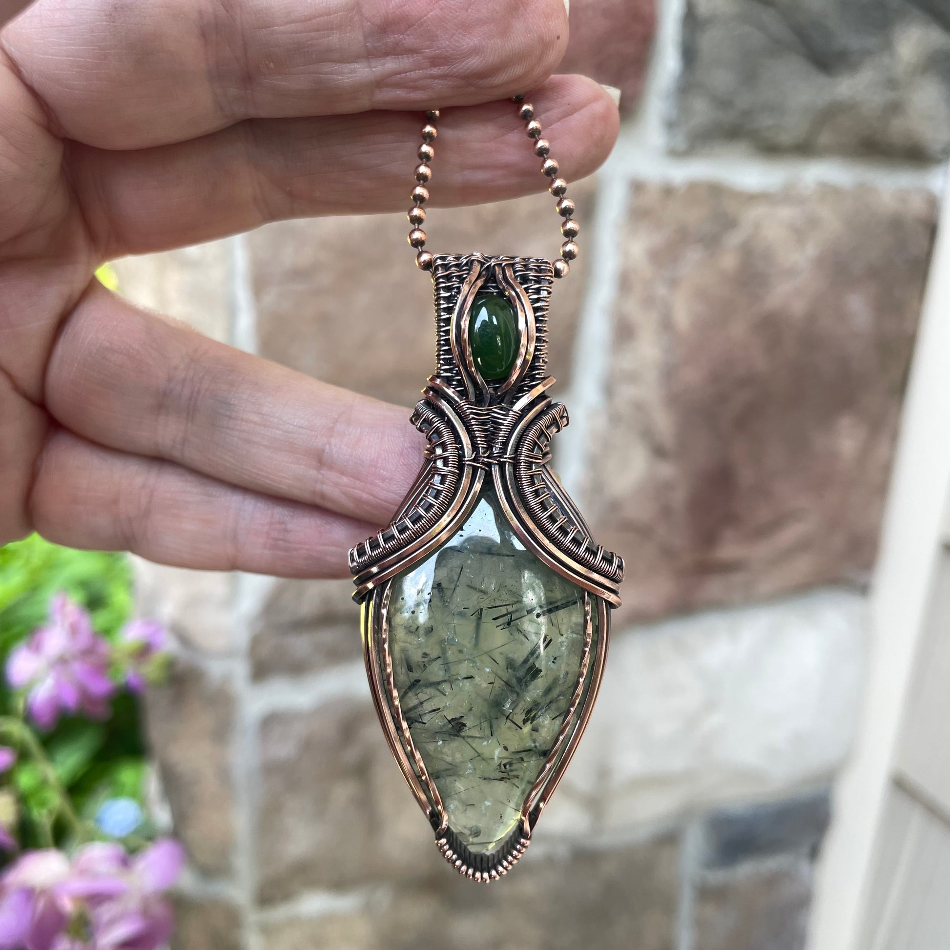 Prehnite & Jade Copper Pendant with Weaving