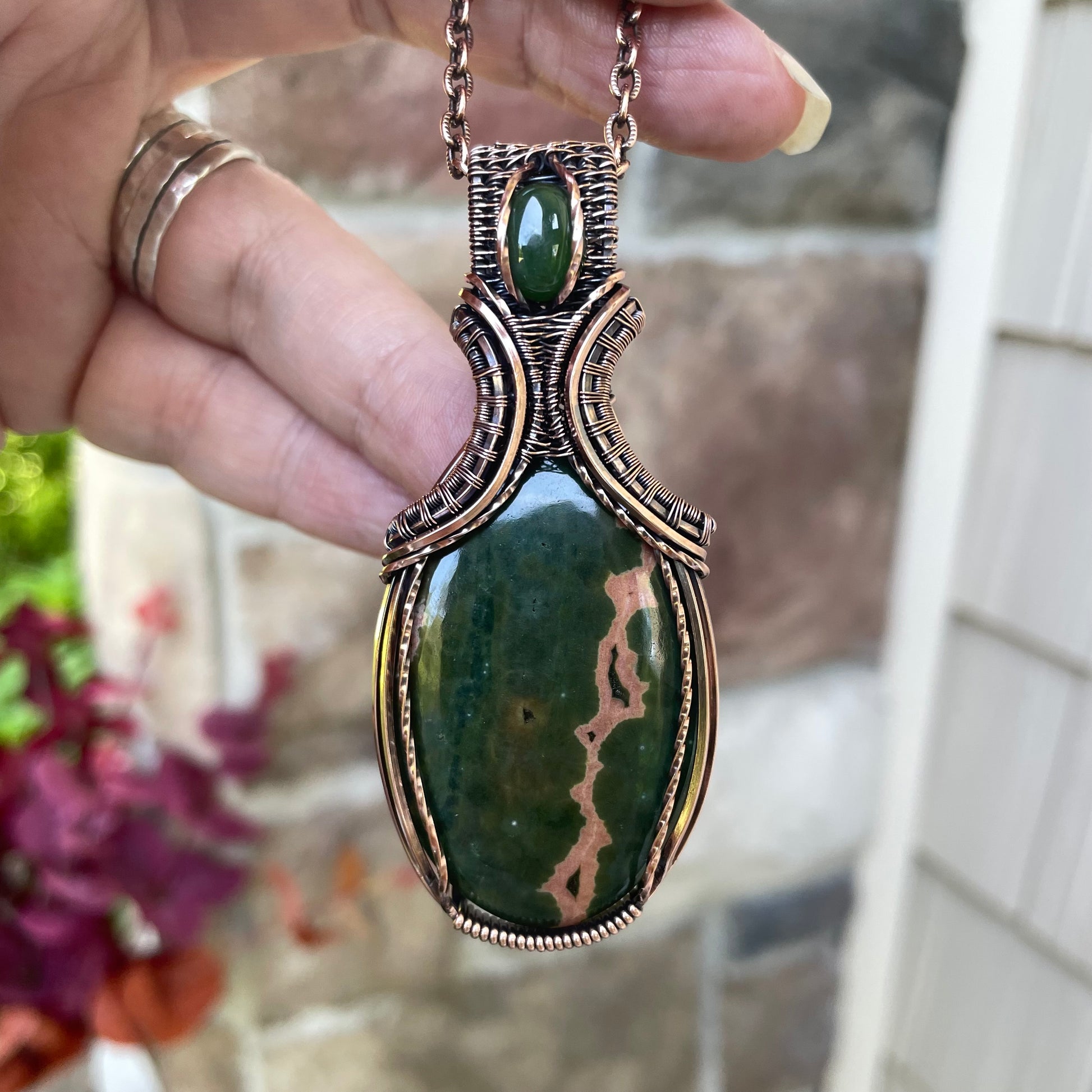 Ocean Jasper & Jade  Copper Pendant with Weaving