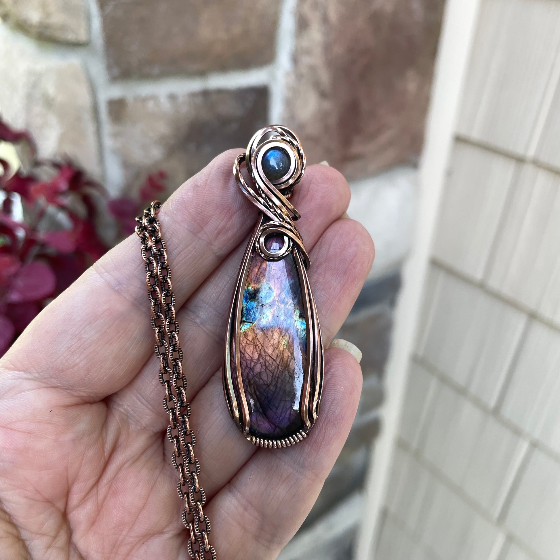 Orange & Purple Labradorite Slender Copper Pendant