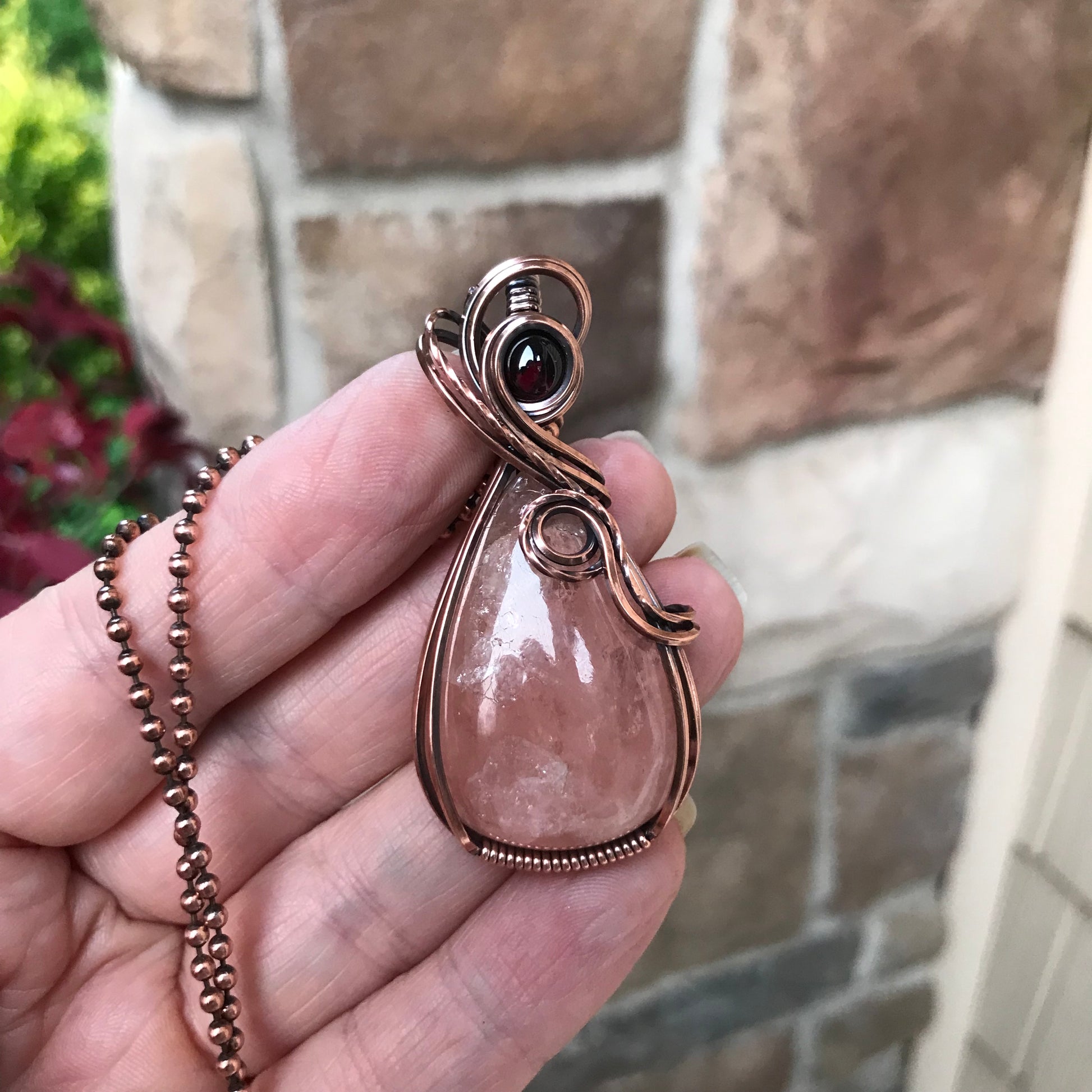 Morganite & Garnet Copper Swirly Necklace
