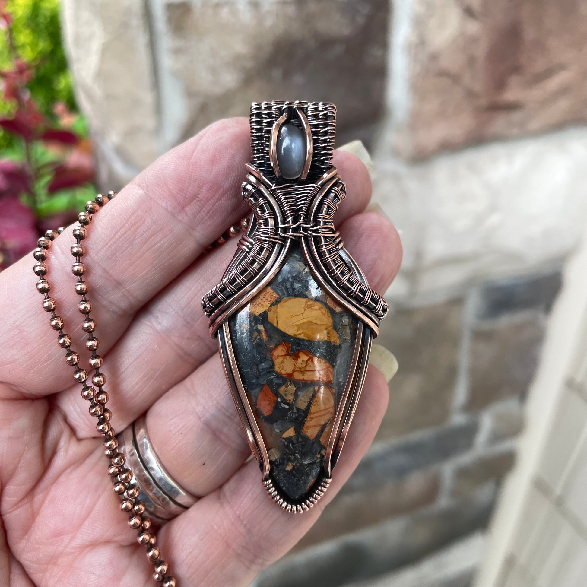 Maligano Jasper & Gray Moonstone Copper Pendant with Weaving