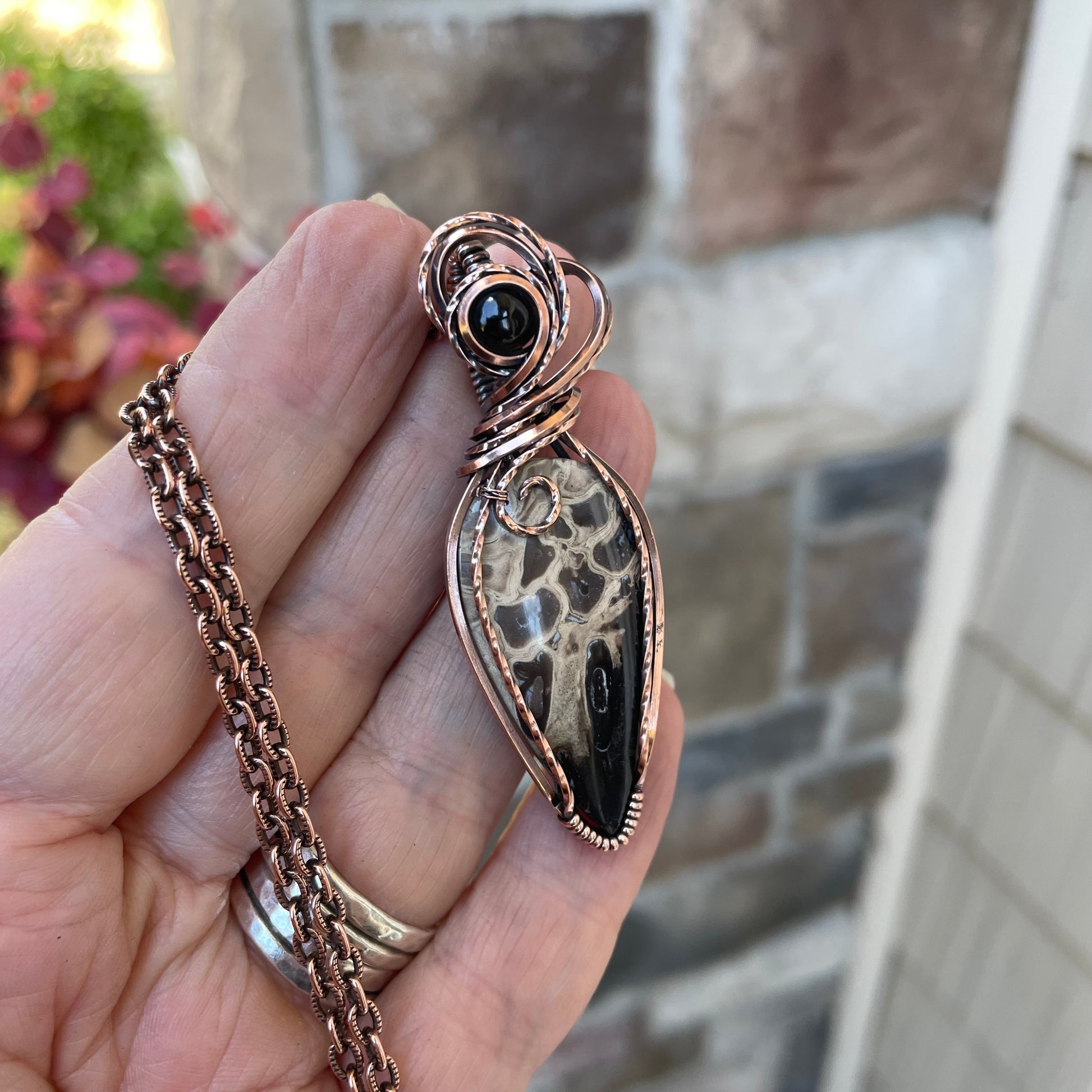 Petrified Palm Wood & Smoky Quartz Copper Necklace