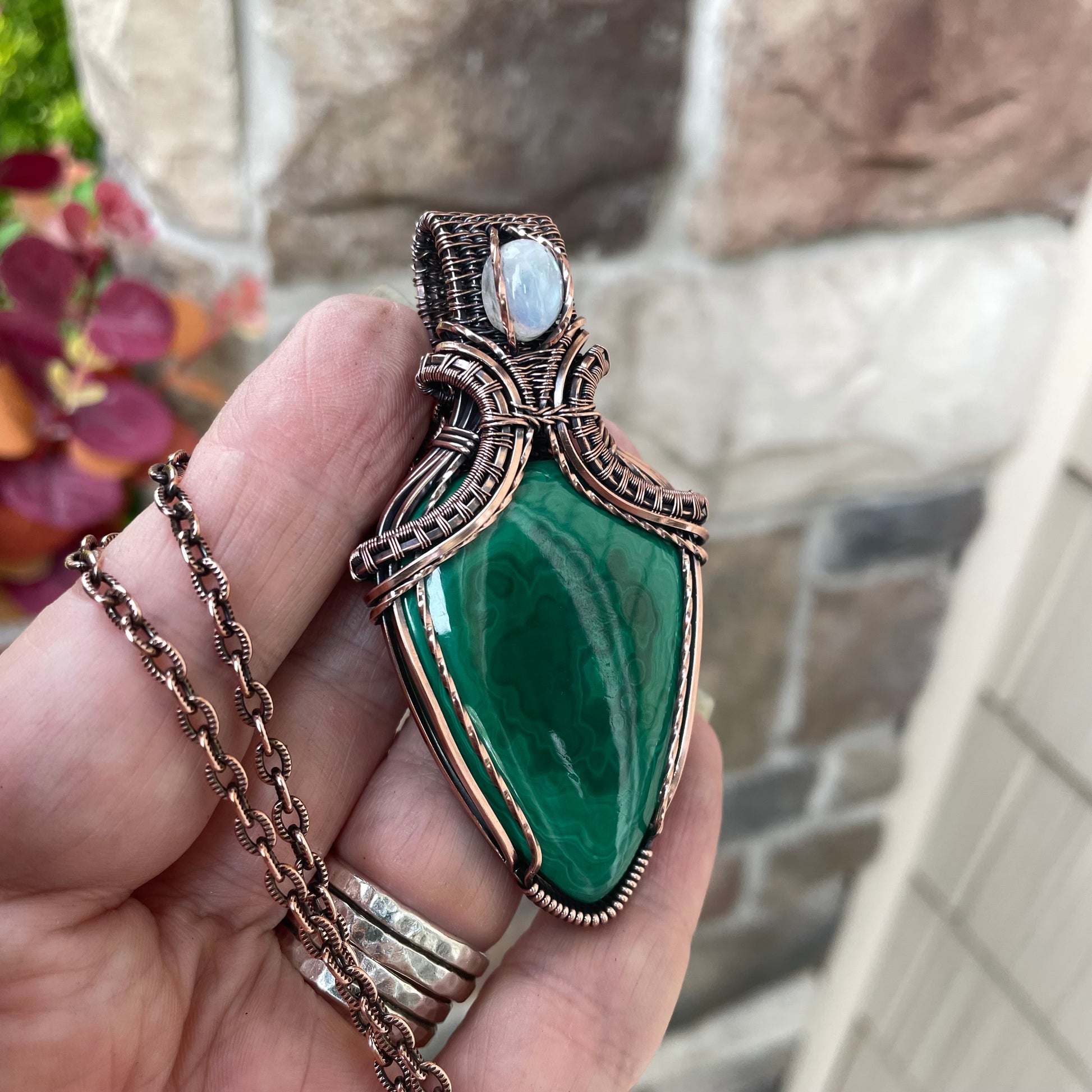 Malachite & Moonstone Copper Pendant with Weaving