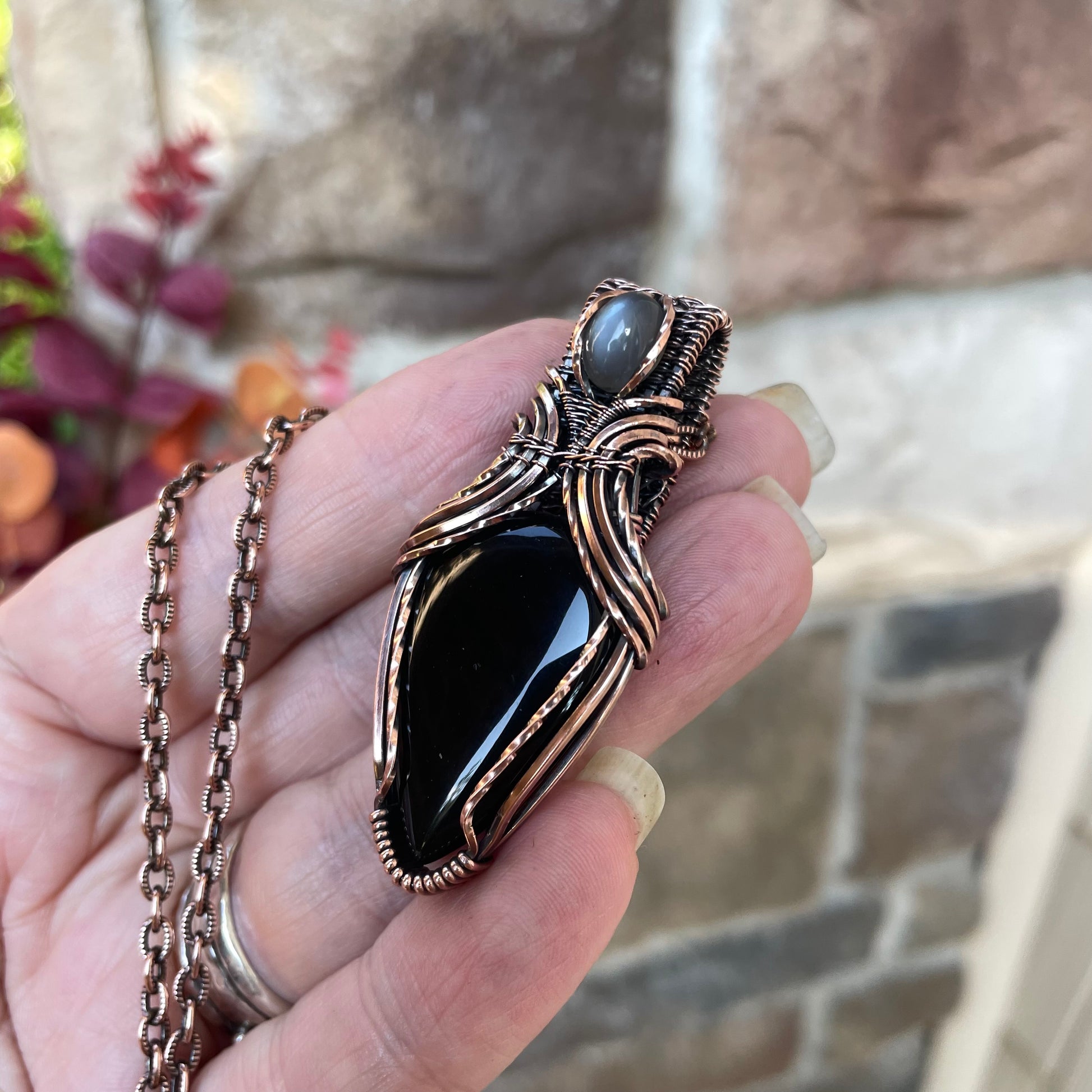 Black Onyx & Gray Moonstone Copper Pendant