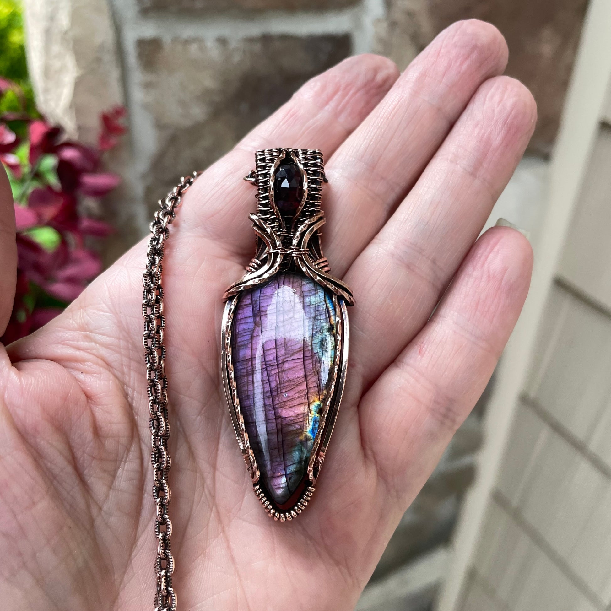 Purple & Pink Labradorite & Garnet Copper Pendant with Weaving