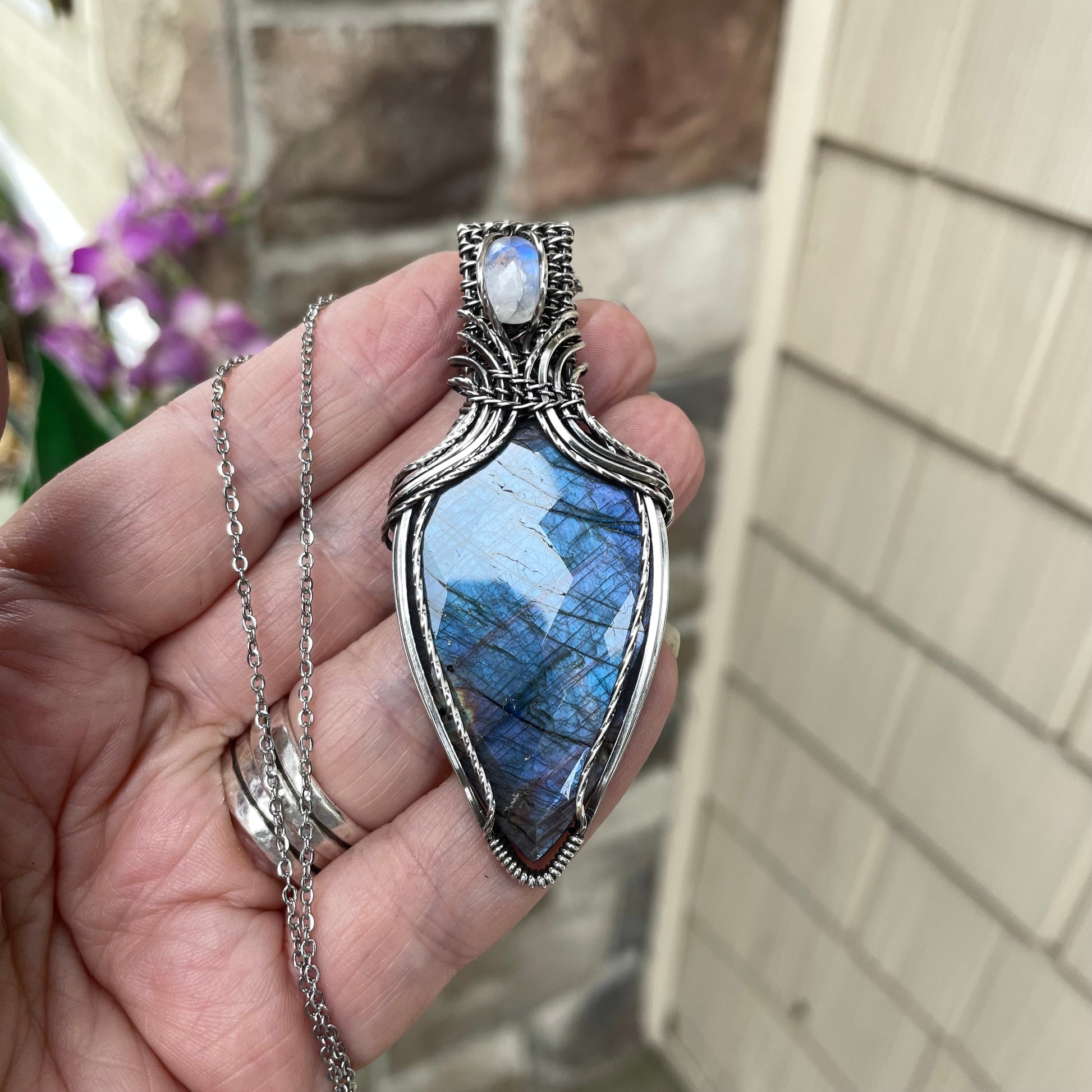 Indigo Labradorite & Moonstone Silver Necklace with Weaving