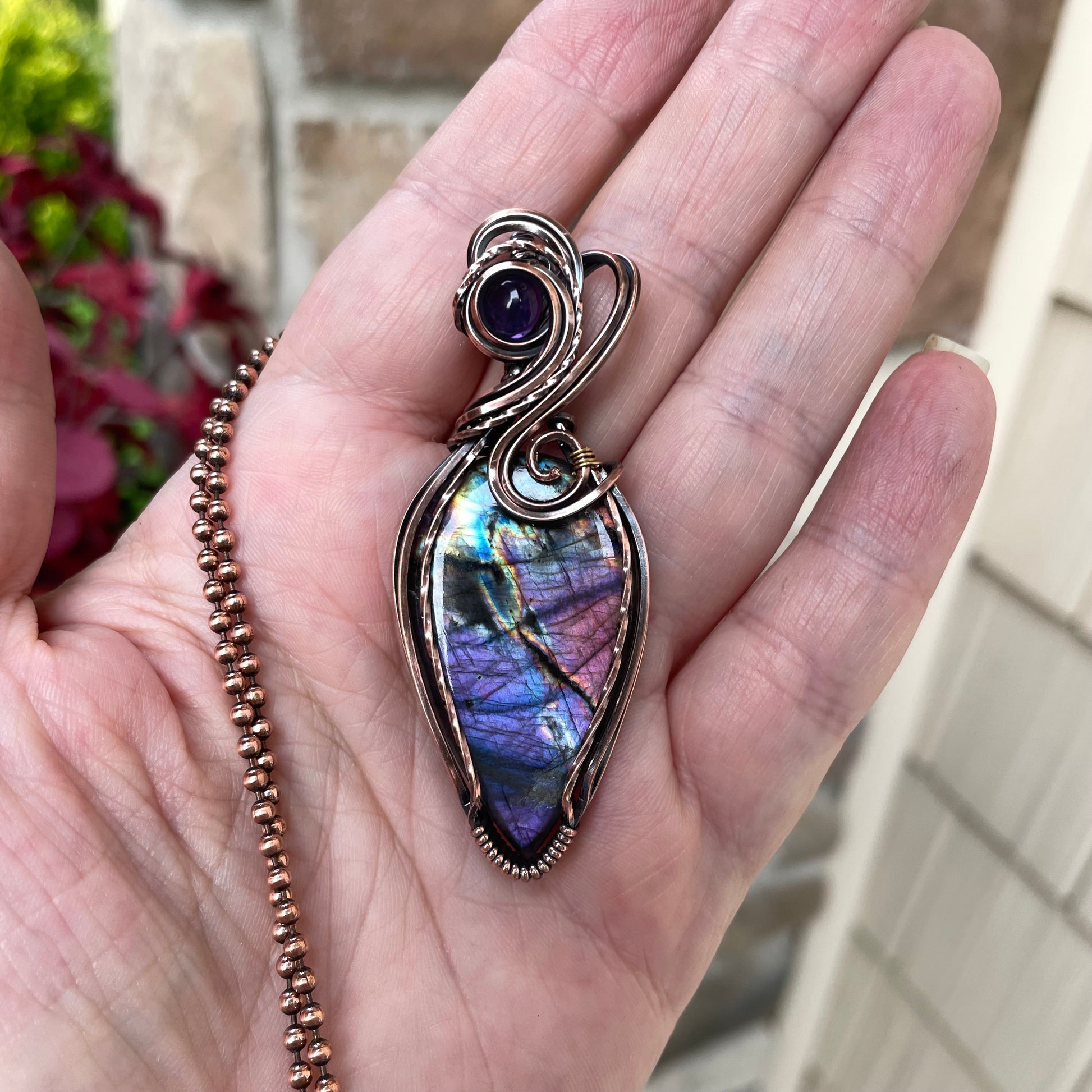Purple Rainbow Labradorite & Amethyst Swirly Copper Pendant