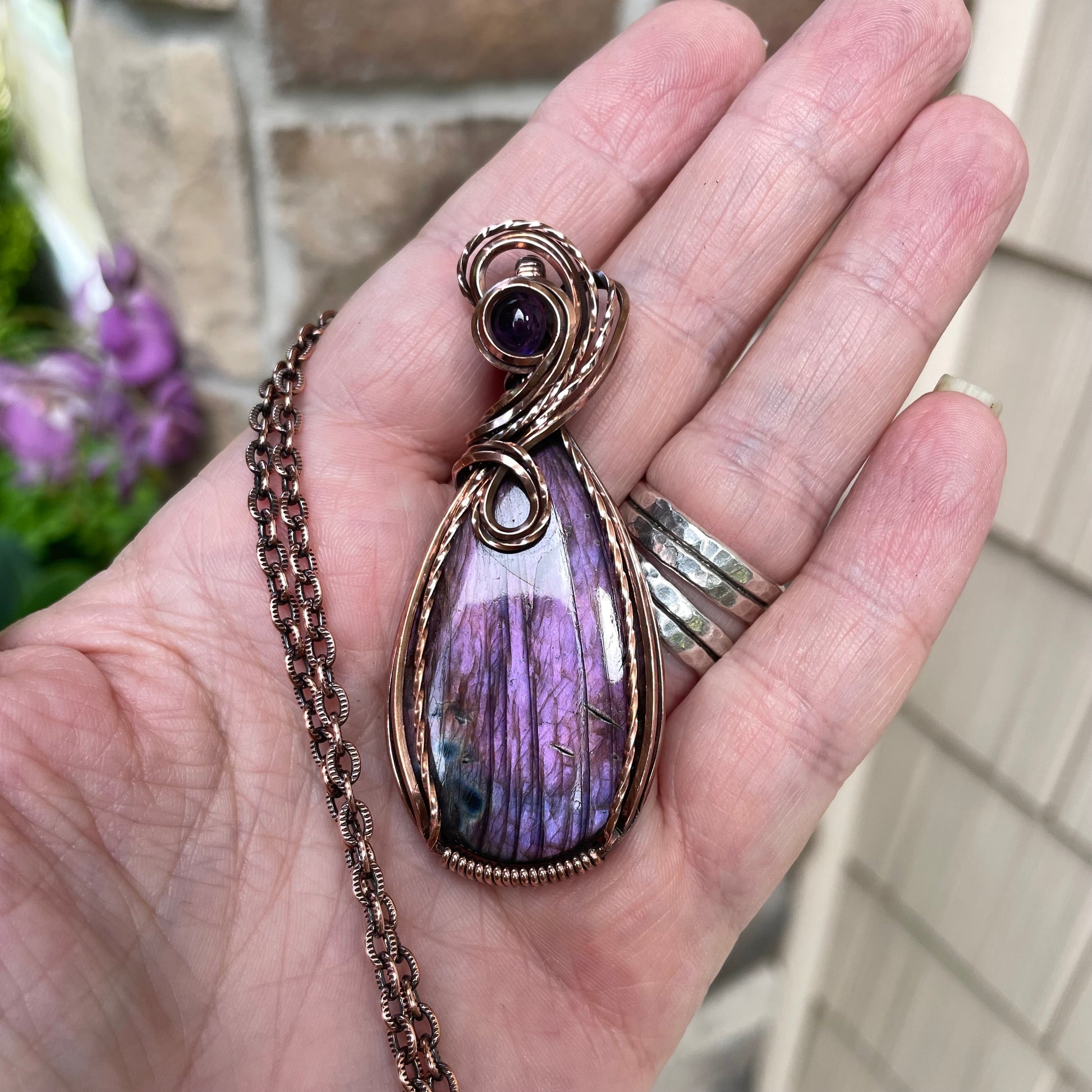 Purple Labradorite & Amethyst Copper Pendant