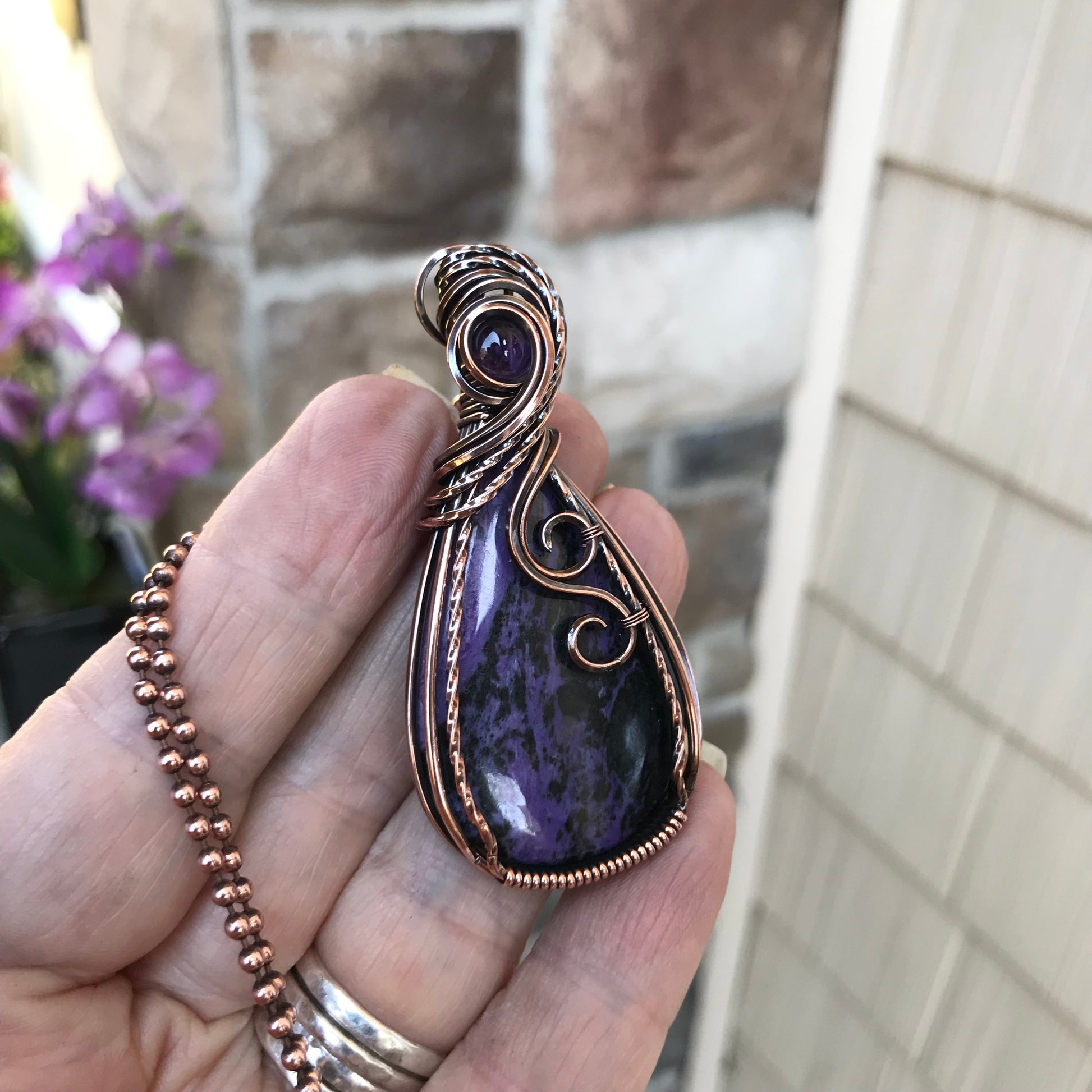 Charoite & Amethyst Copper Pendant