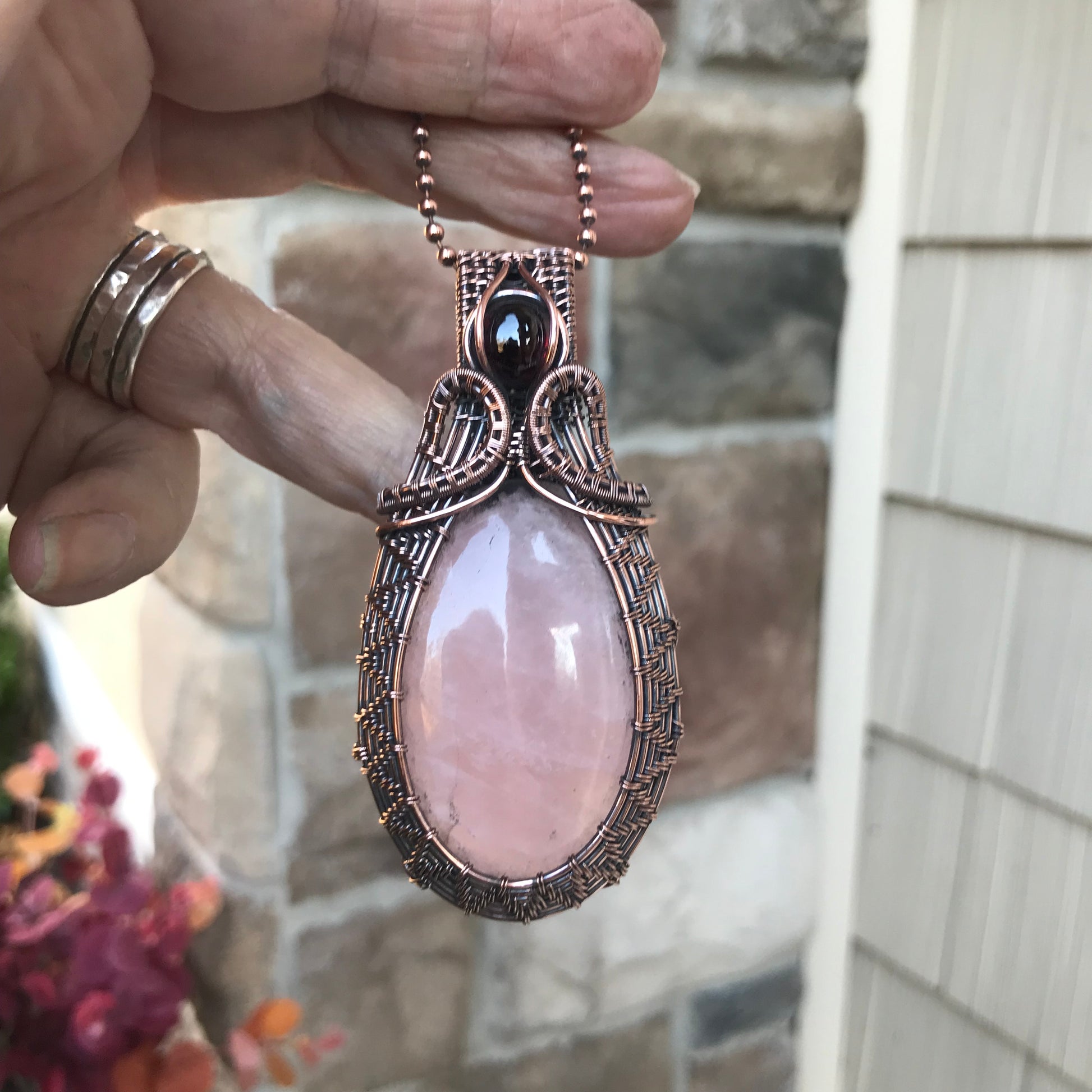 Rose Quartz & Garnet Copper Woven Pendant