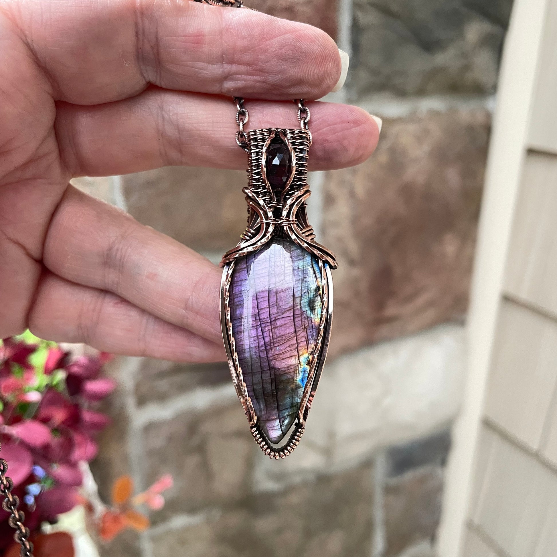 Purple & Pink Labradorite & Garnet Copper Pendant with Weaving