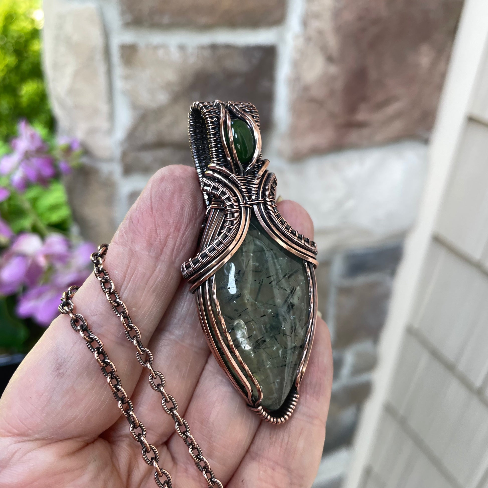 Prehnite & Jade Copper Pendant with Weaving