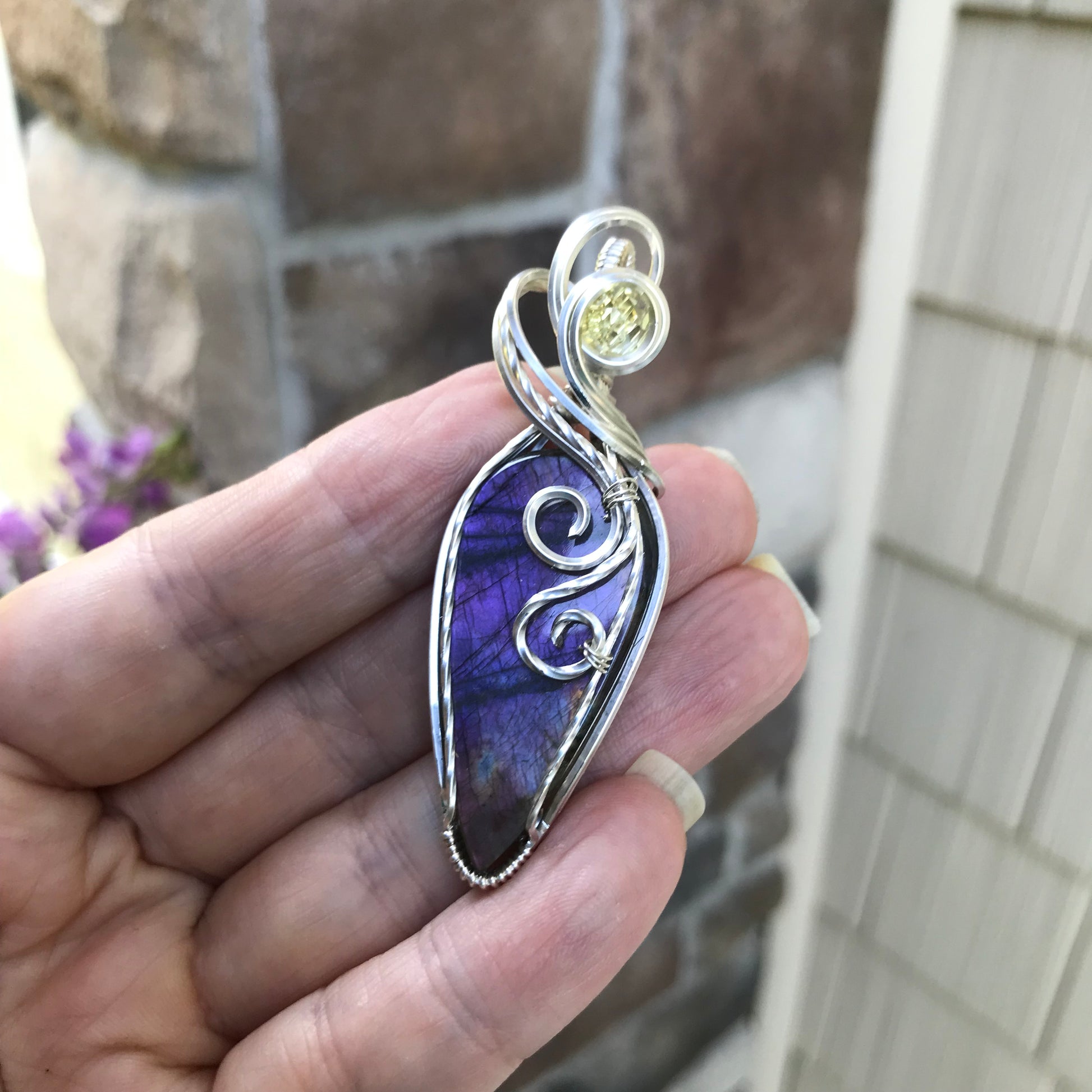 Purple Labradorite & Lemon Quartz Teardrop Silver Necklace