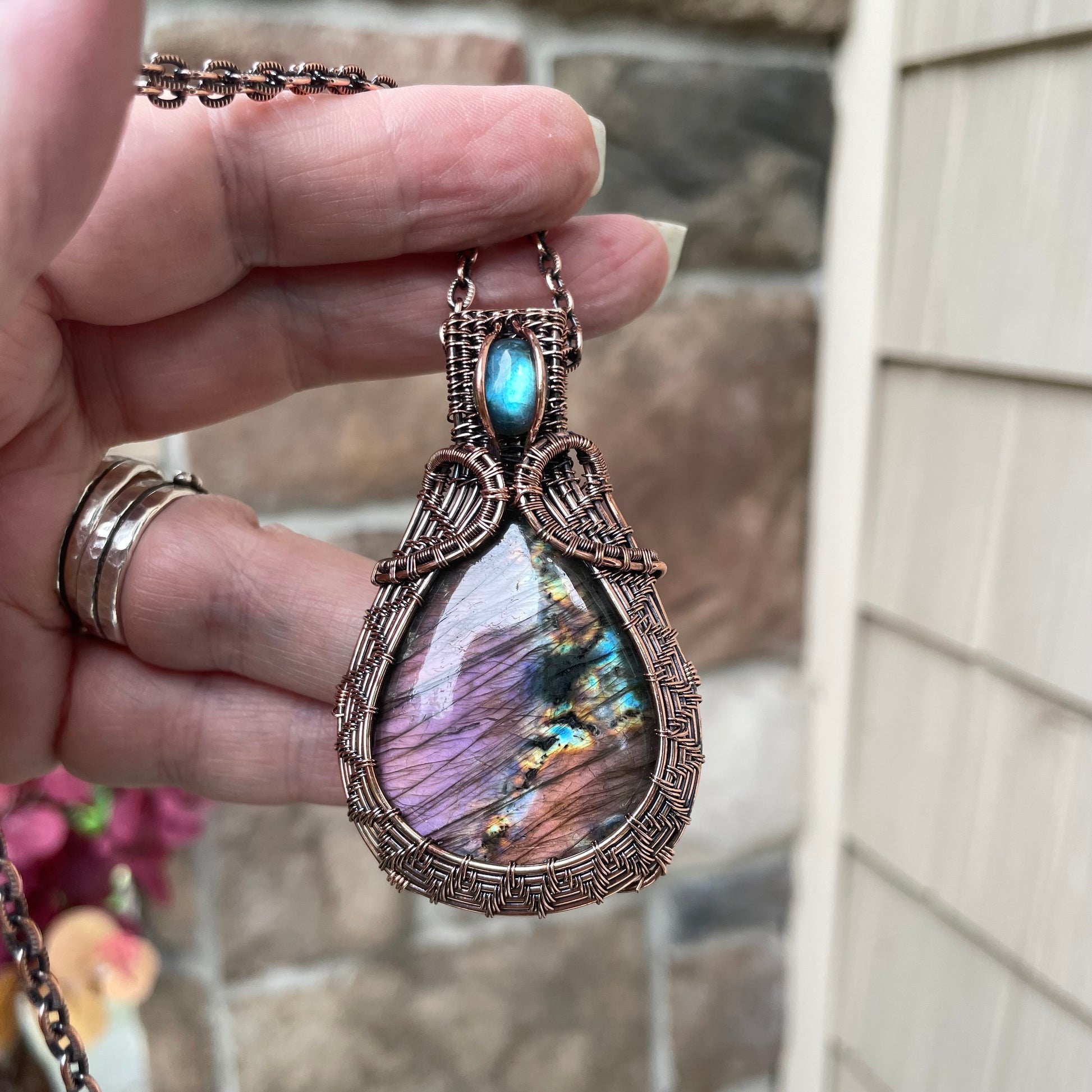 Purple Blue Labradorite  Copper Woven Pendant