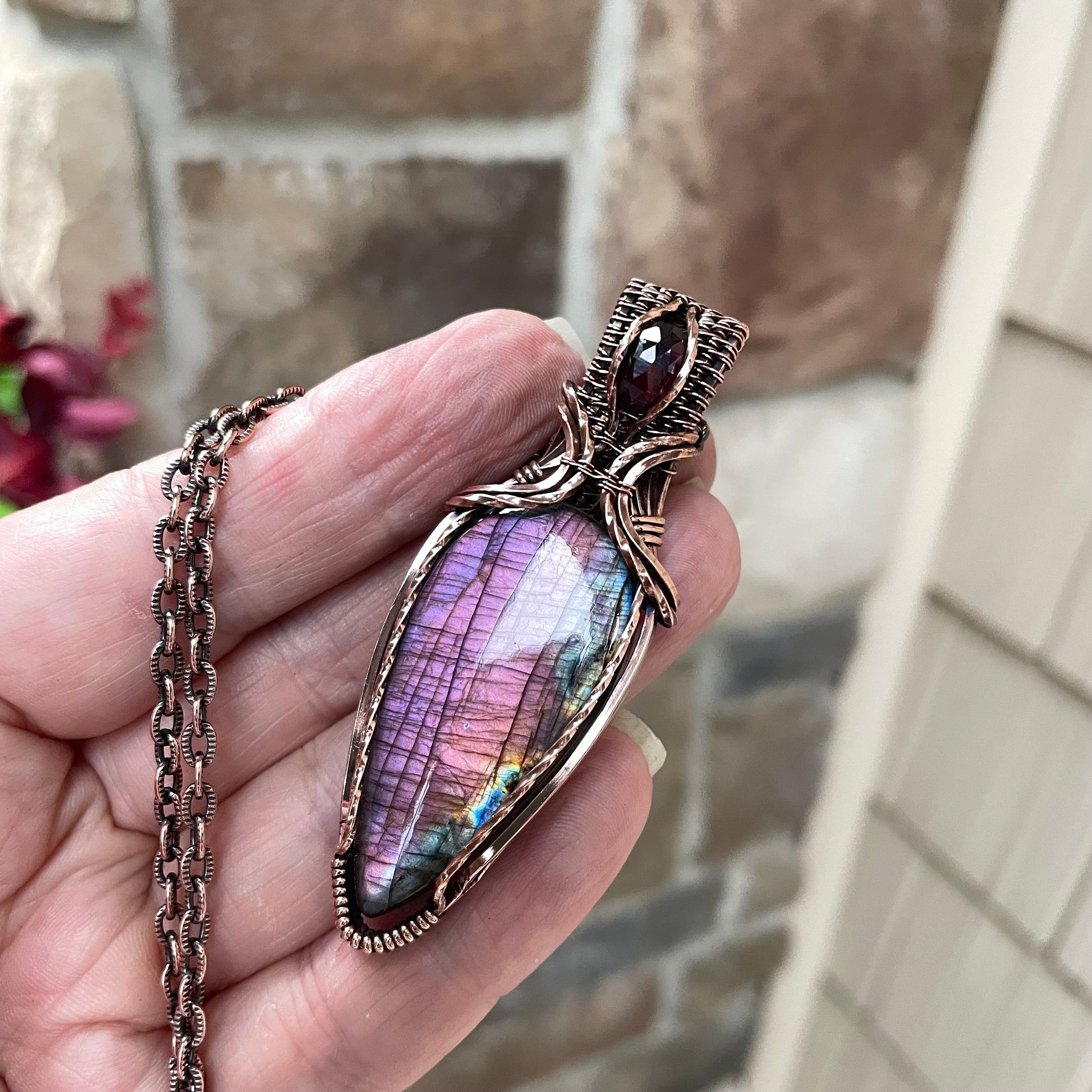 Purple & Pink Labradorite & Garnet Copper Pendant with Weaving