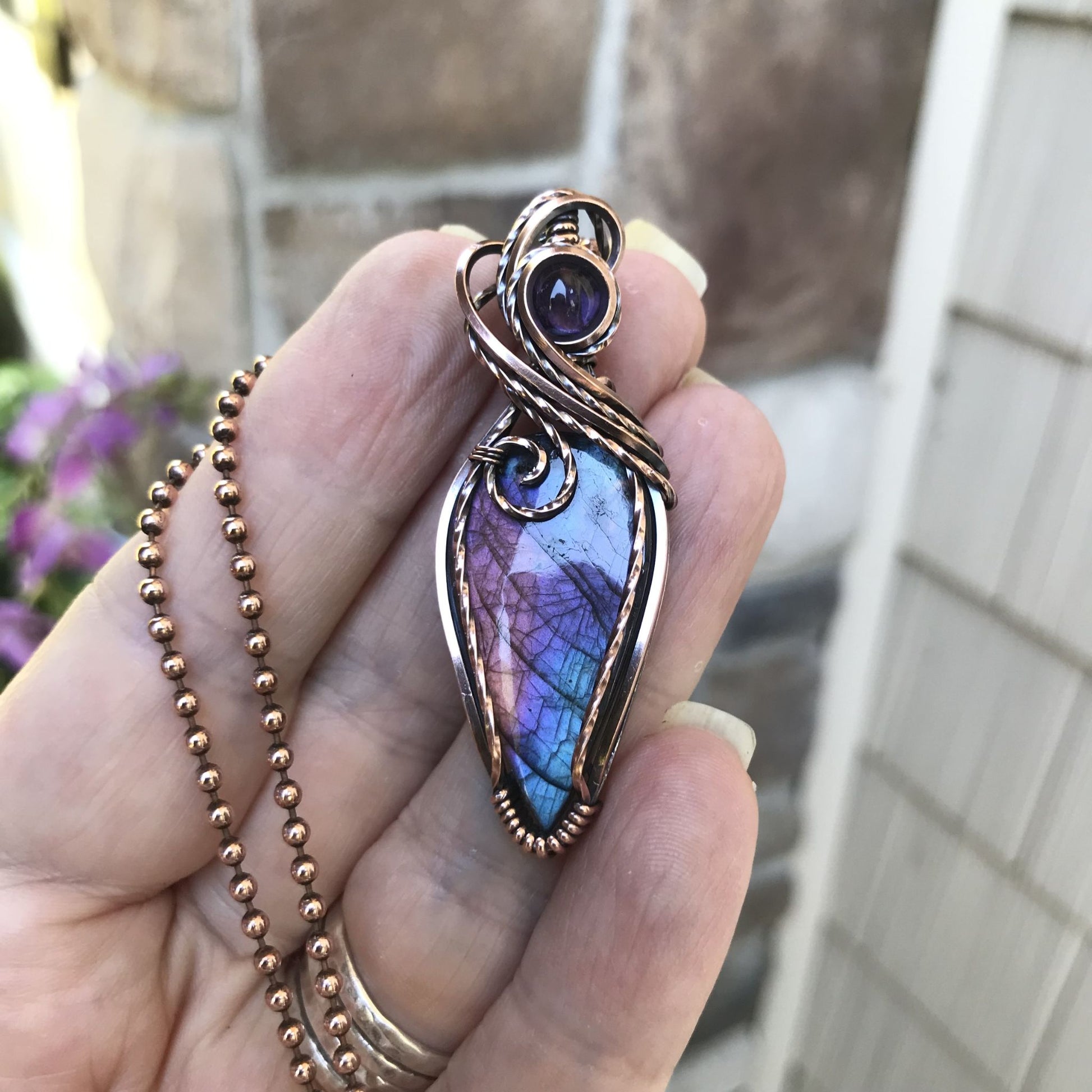 Blue Pink Purple Labradorite & Amethyst Copper Necklace