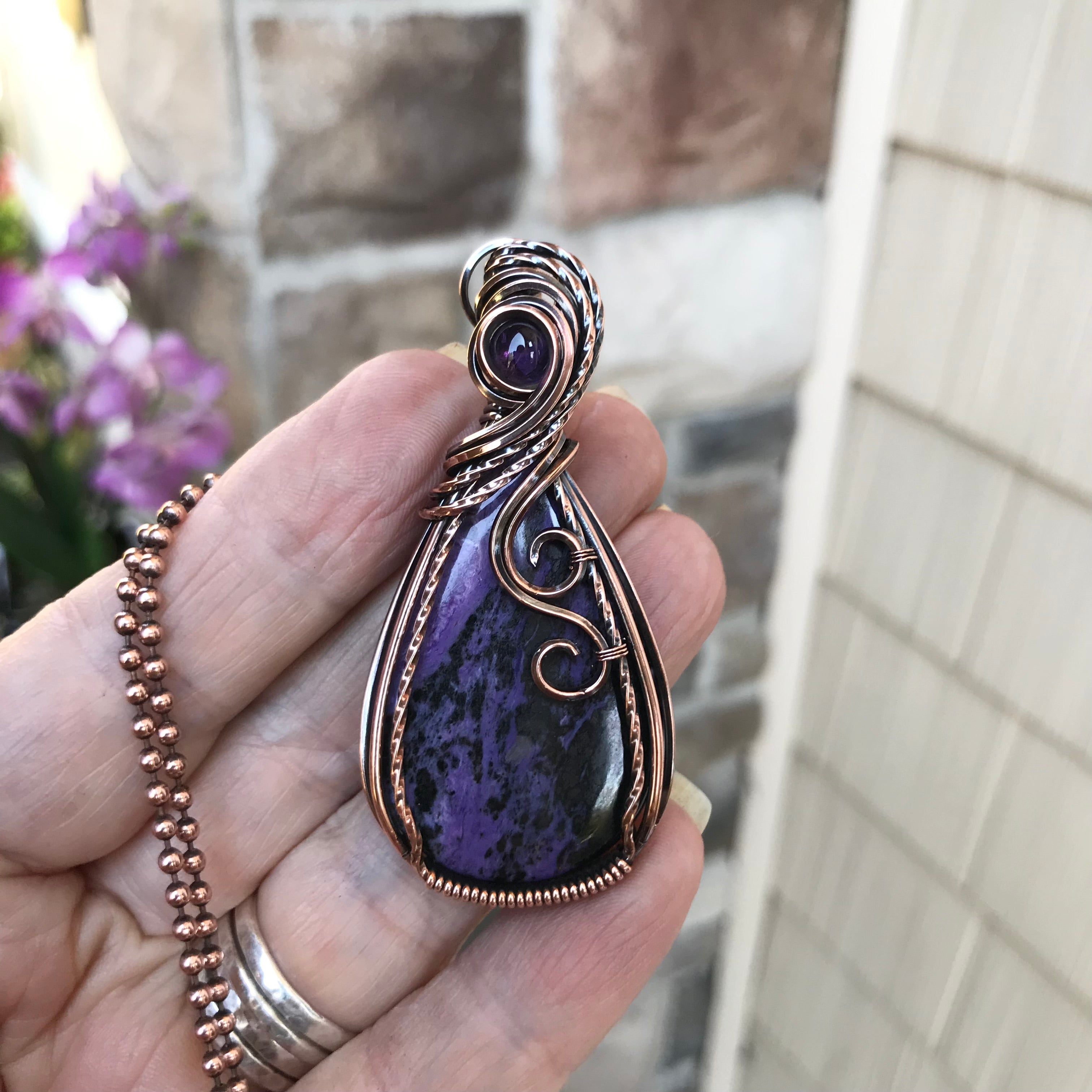 Charoite & Amethyst Copper Pendant