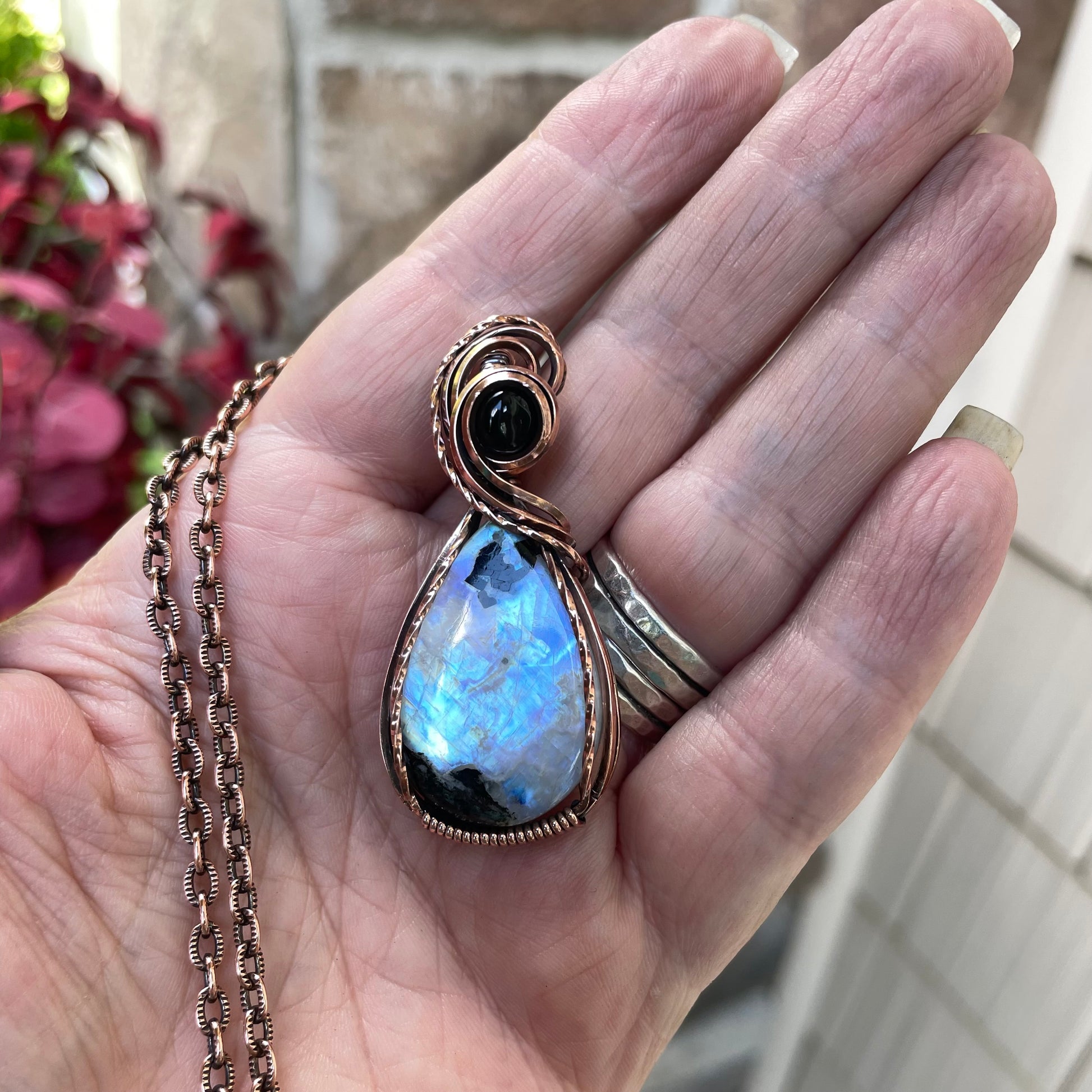 Moonstone & Black Onyx Copper Pendant