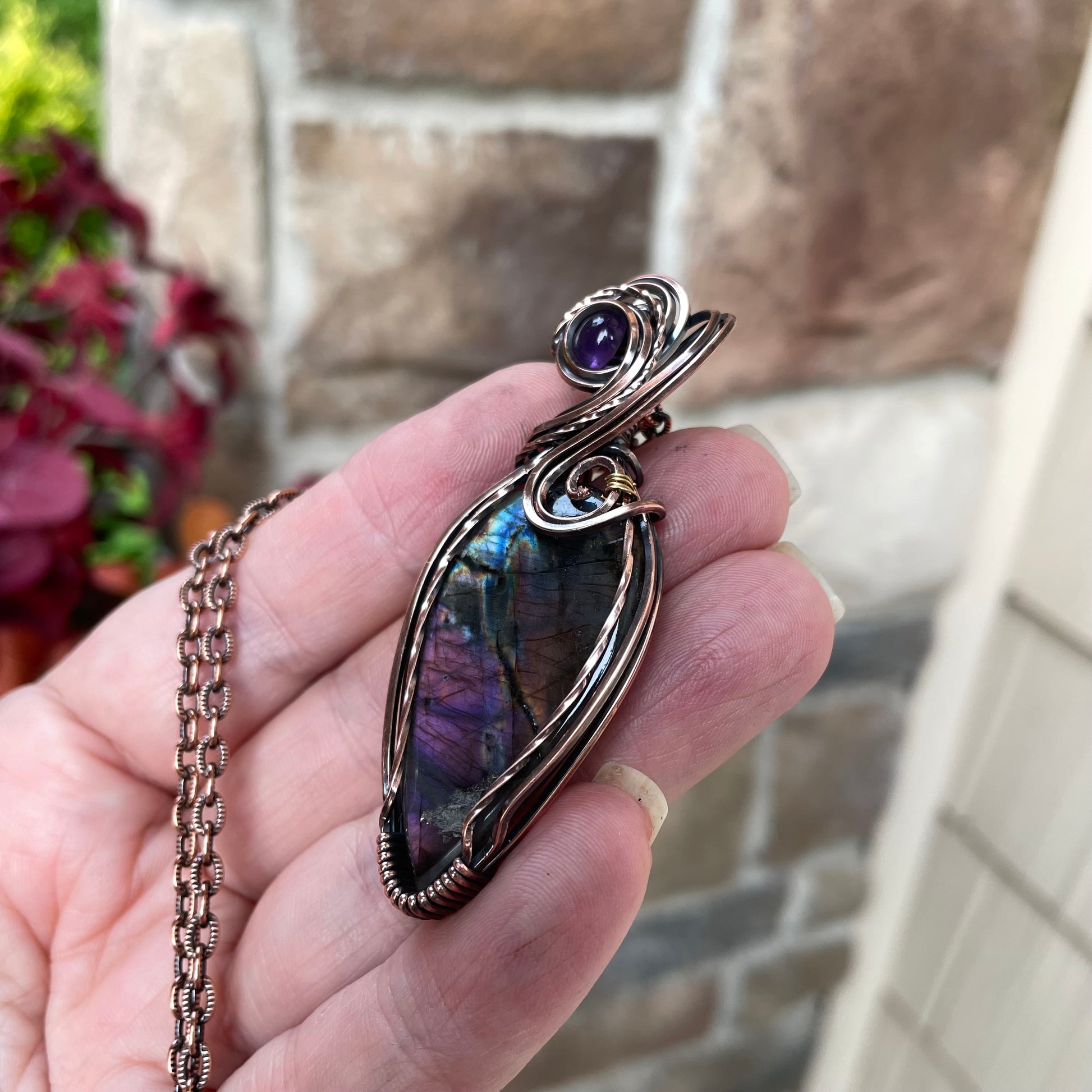 Purple Rainbow Labradorite & Amethyst Swirly Copper Pendant