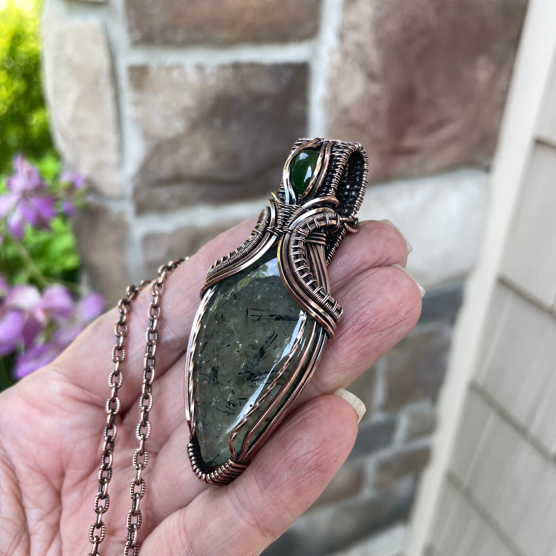 Prehnite & Jade Copper Pendant with Weaving