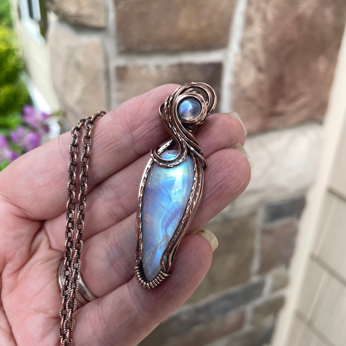 Moonstone Slender Swirly Copper Pendant