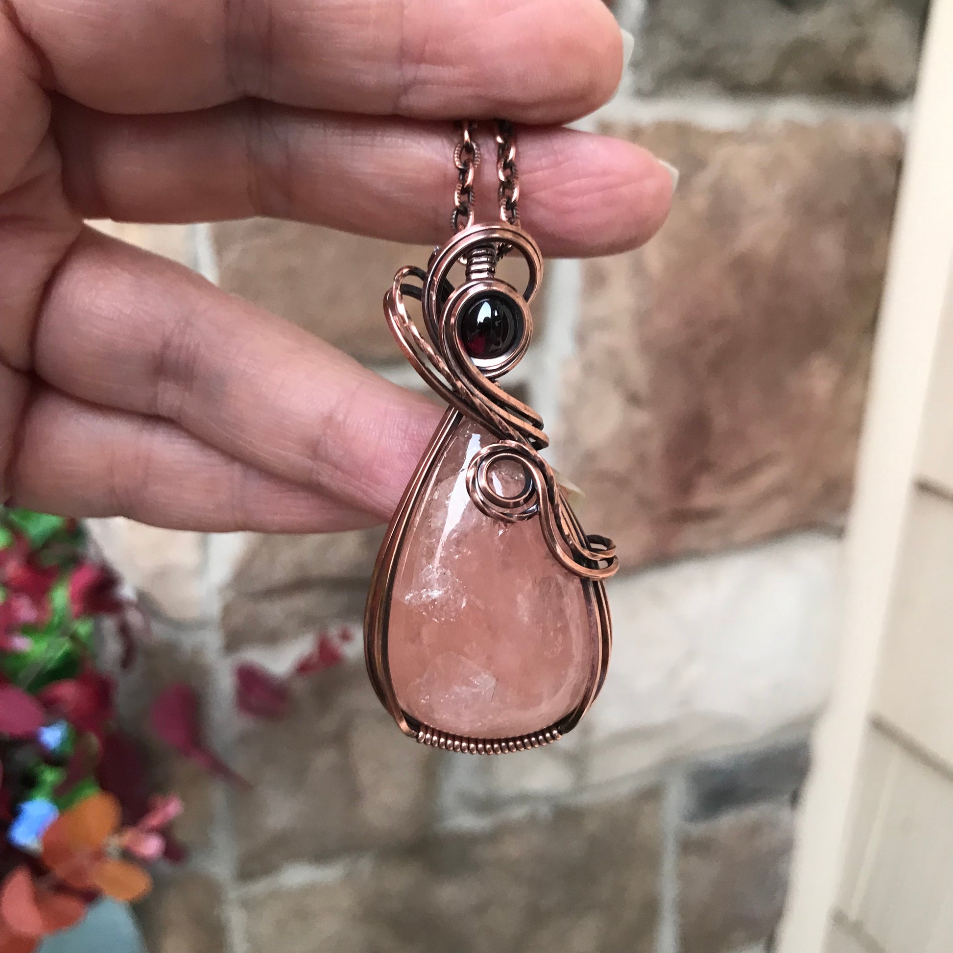 Morganite & Garnet Copper Swirly Necklace