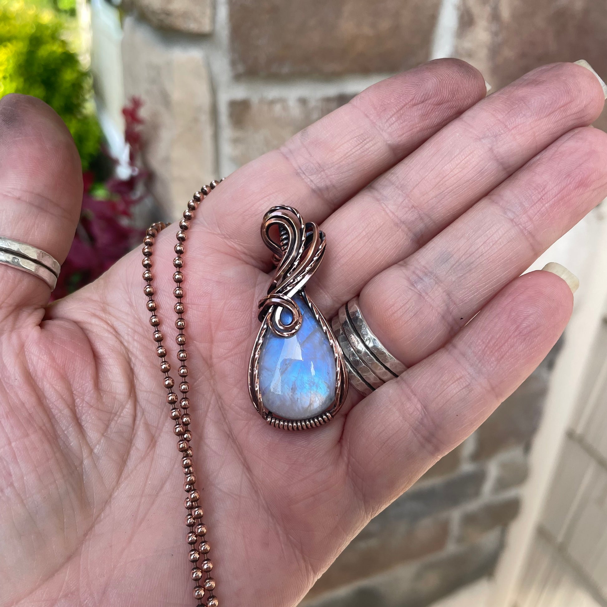 Rainbow Moonstone Copper Pendant