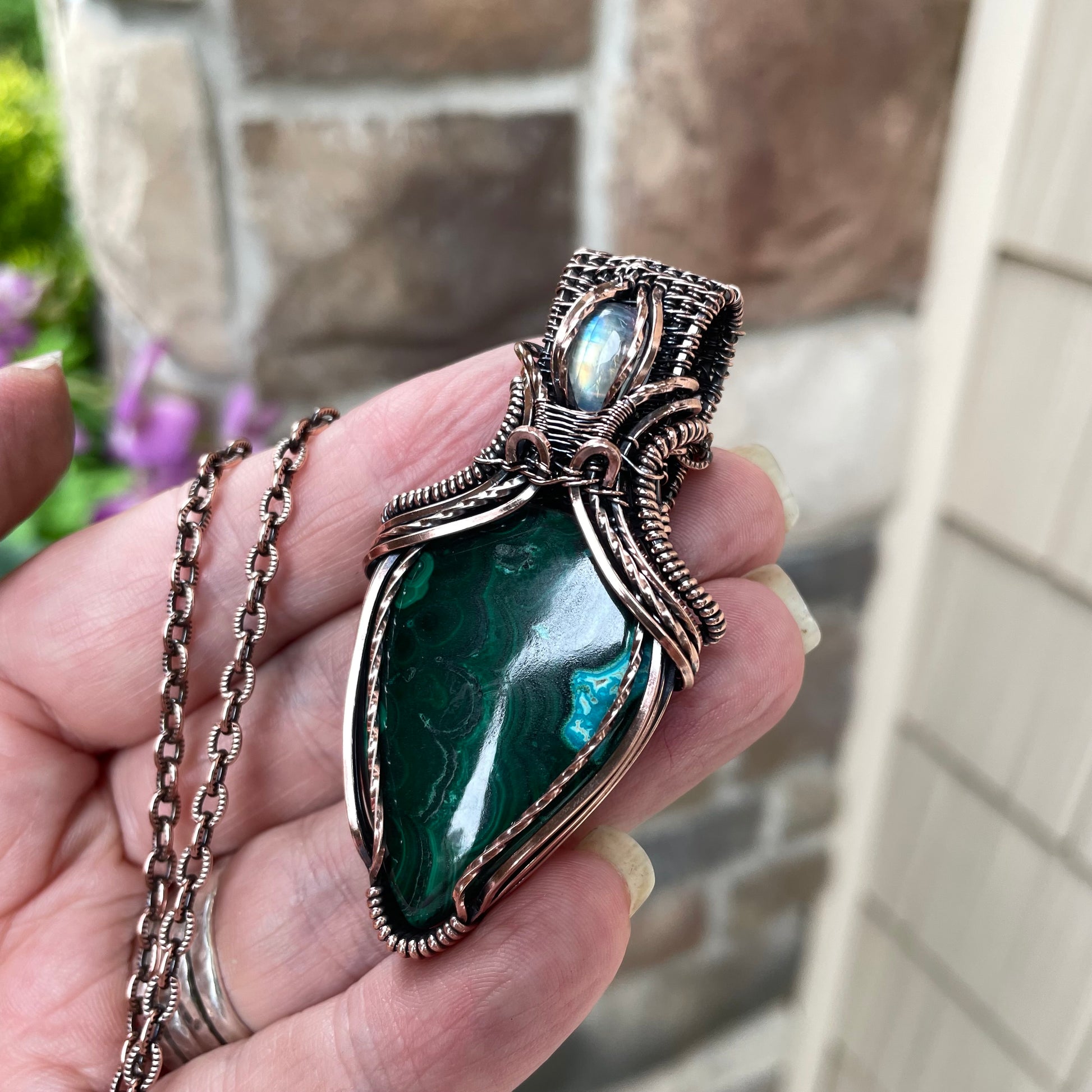 Malachite Chrysocolla & Moonstone Copper Pendant with Weaving