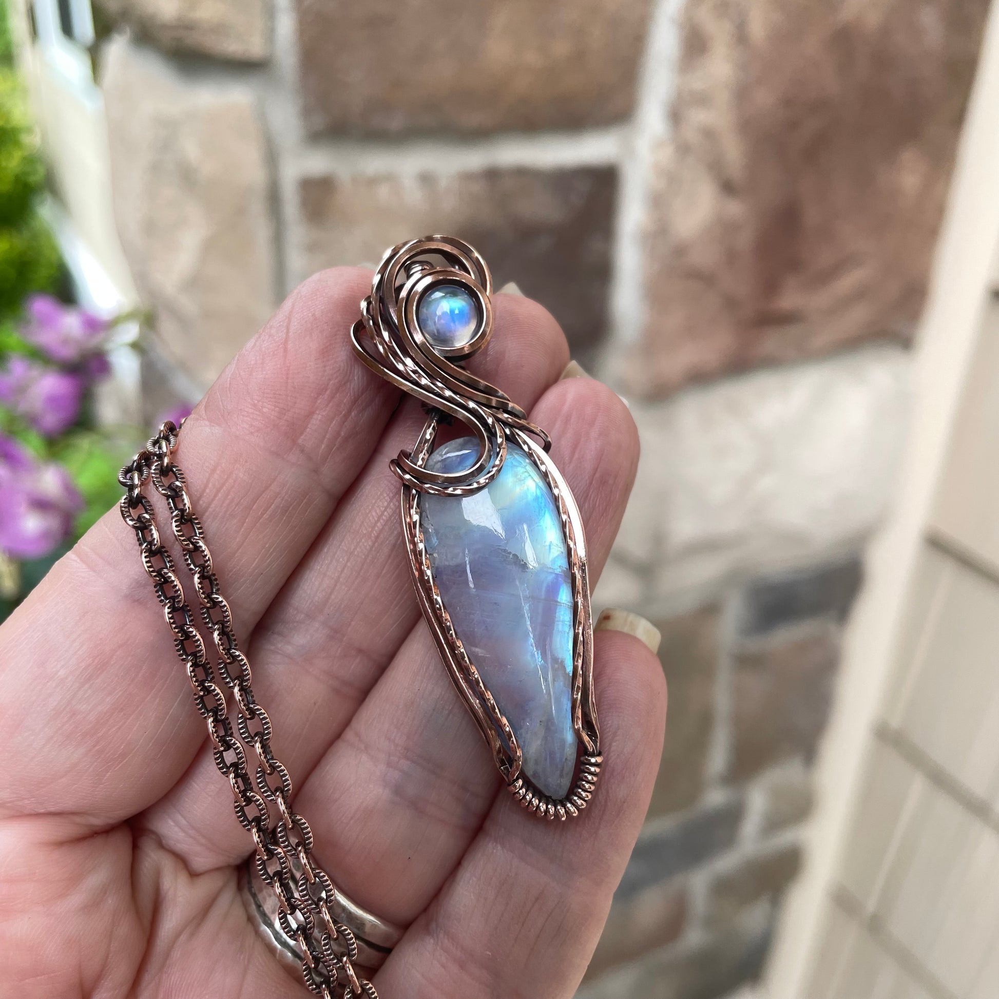 Moonstone Slender Swirly Copper Pendant