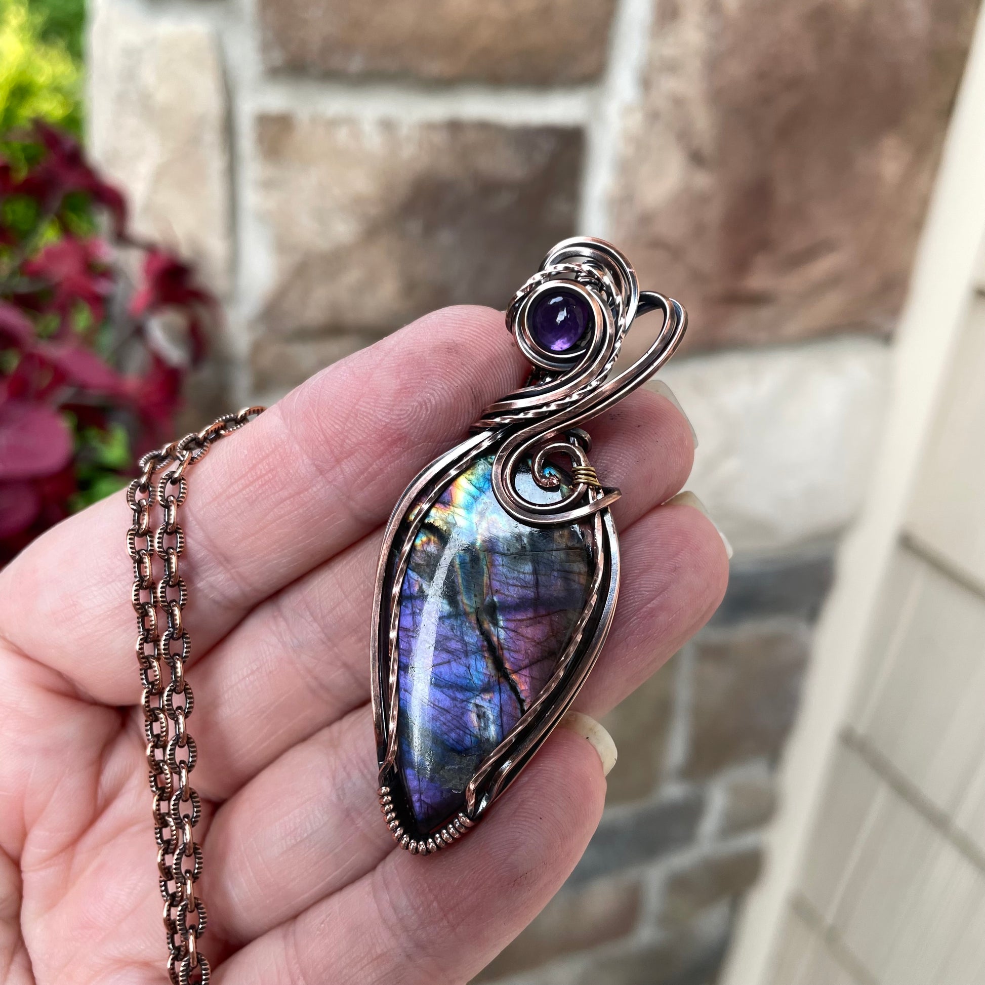 Purple Rainbow Labradorite & Amethyst Swirly Copper Pendant