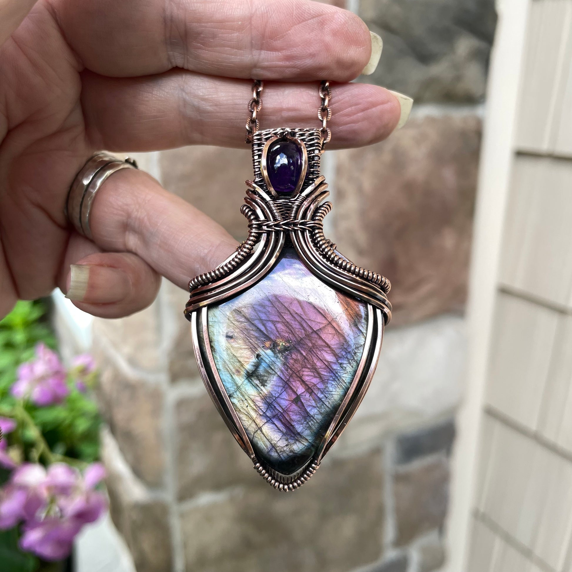 Rainbow Labradorite & Amethyst Copper Pendant