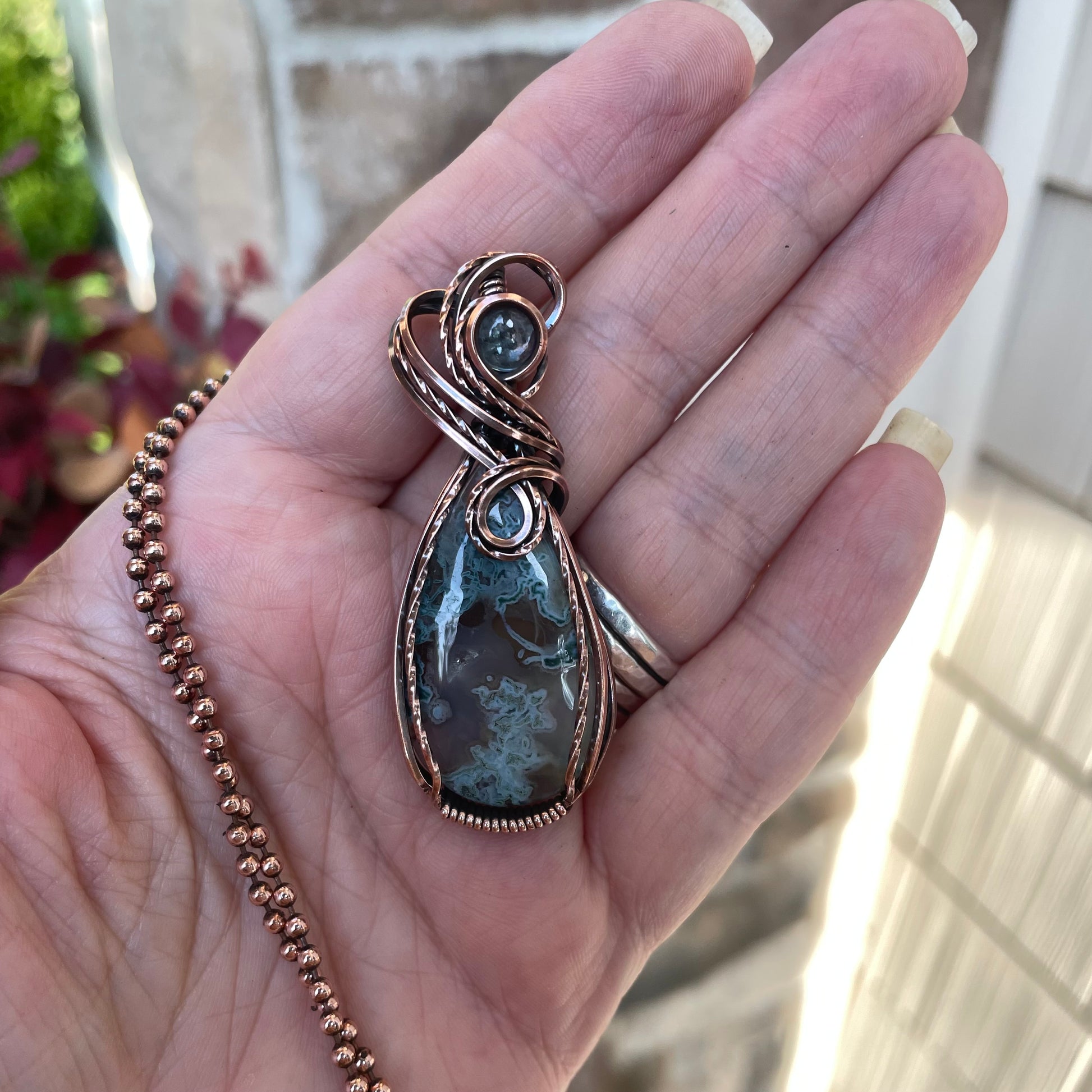 Moss Agate & Aquamarine Copper Necklace