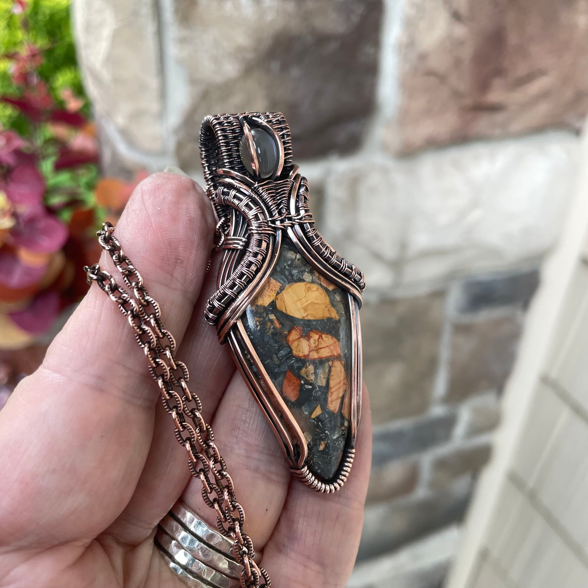 Maligano Jasper & Gray Moonstone Copper Pendant with Weaving