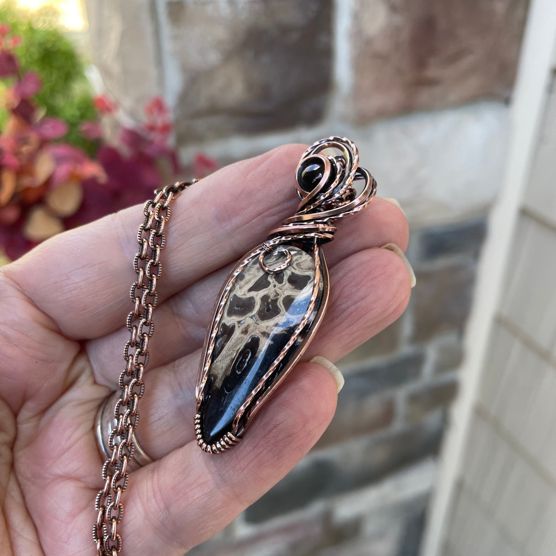 Petrified Palm Wood & Smoky Quartz Copper Necklace