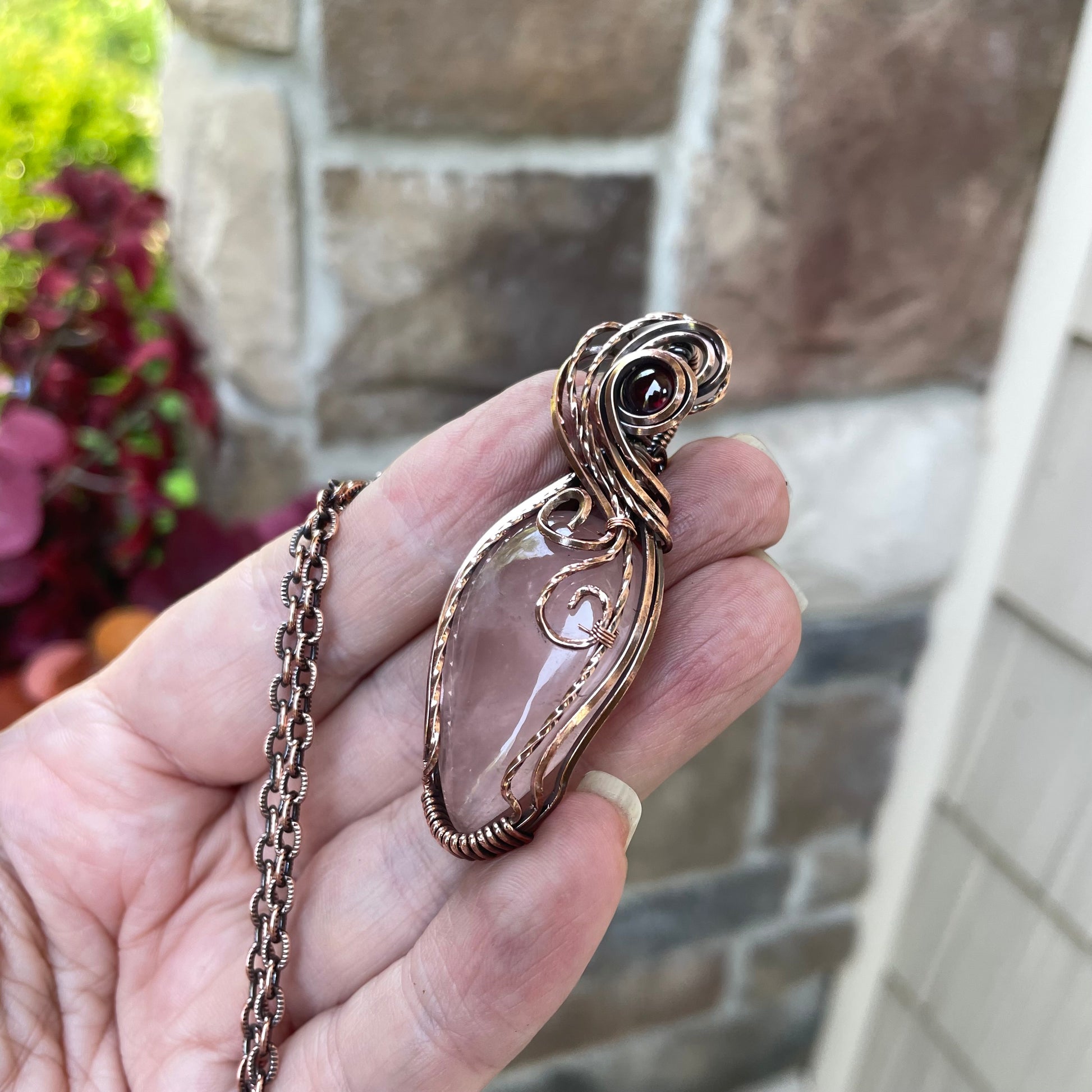 Rose Quartz & Garnet Swirly Copper Necklace