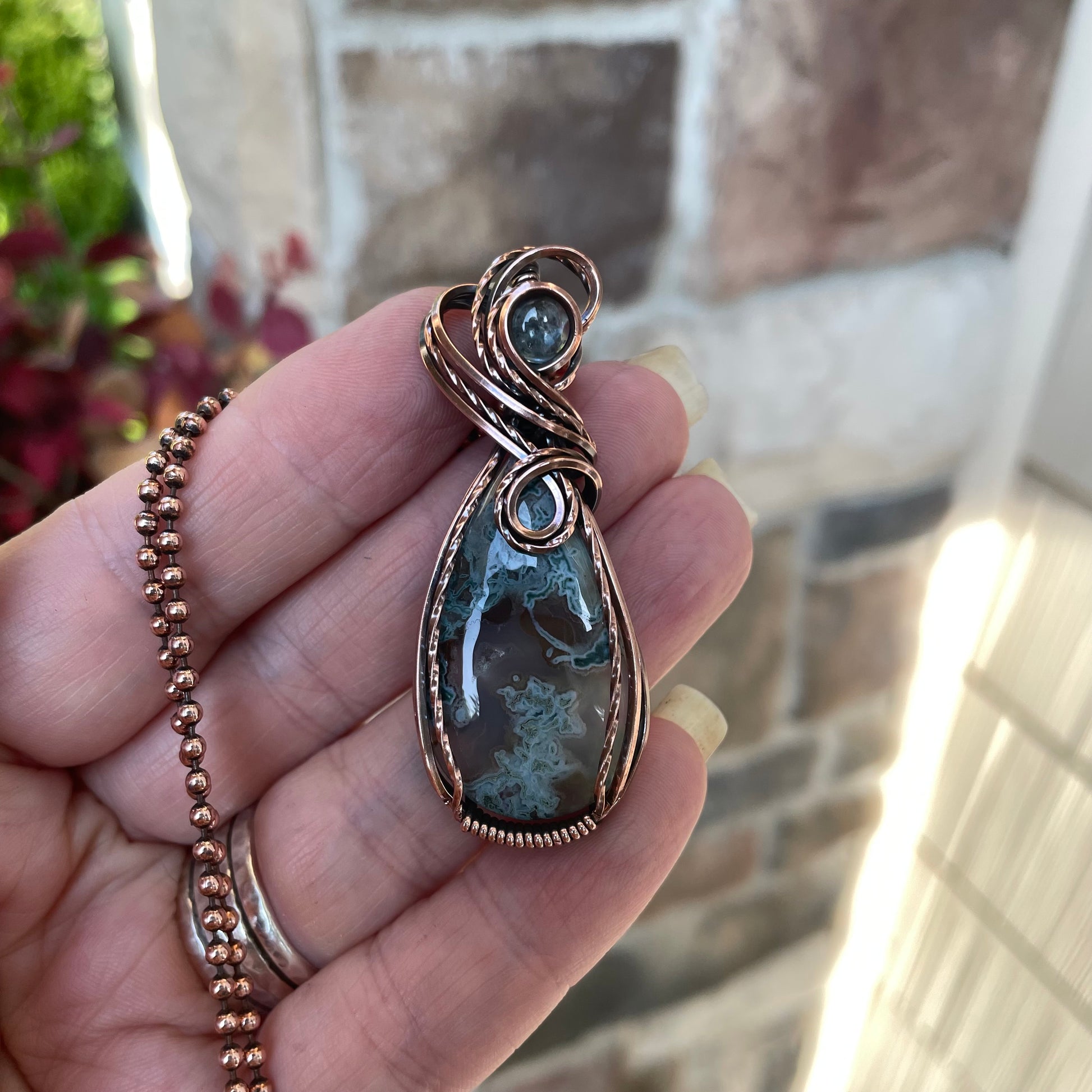 Moss Agate & Aquamarine Copper Necklace