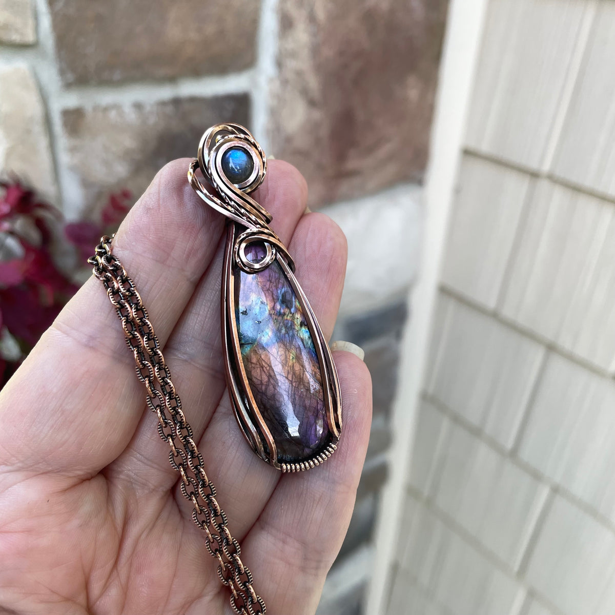 Orange & Purple Labradorite Slender Copper Pendant