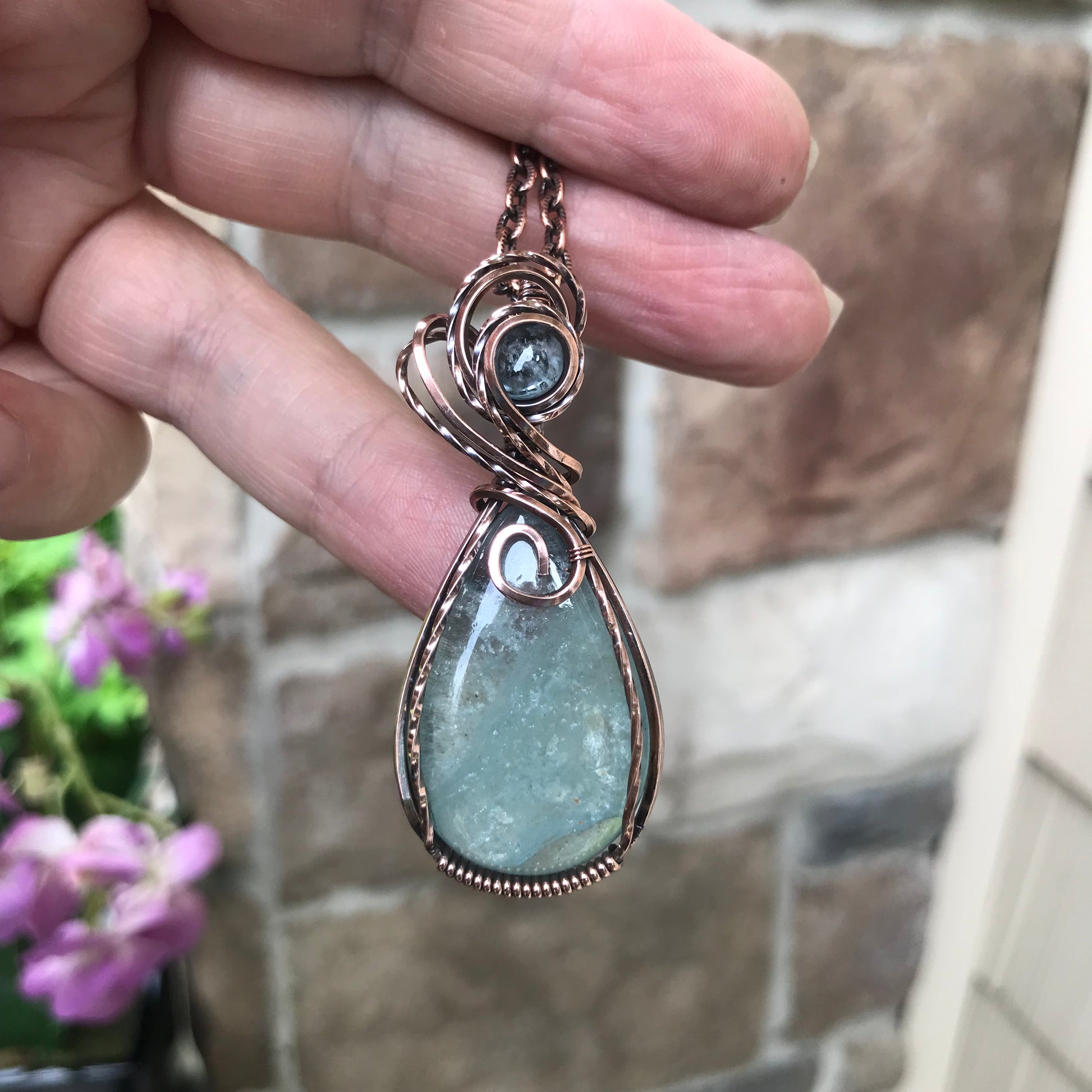 Aquamarine Swirly Teardrop Copper Pendant
