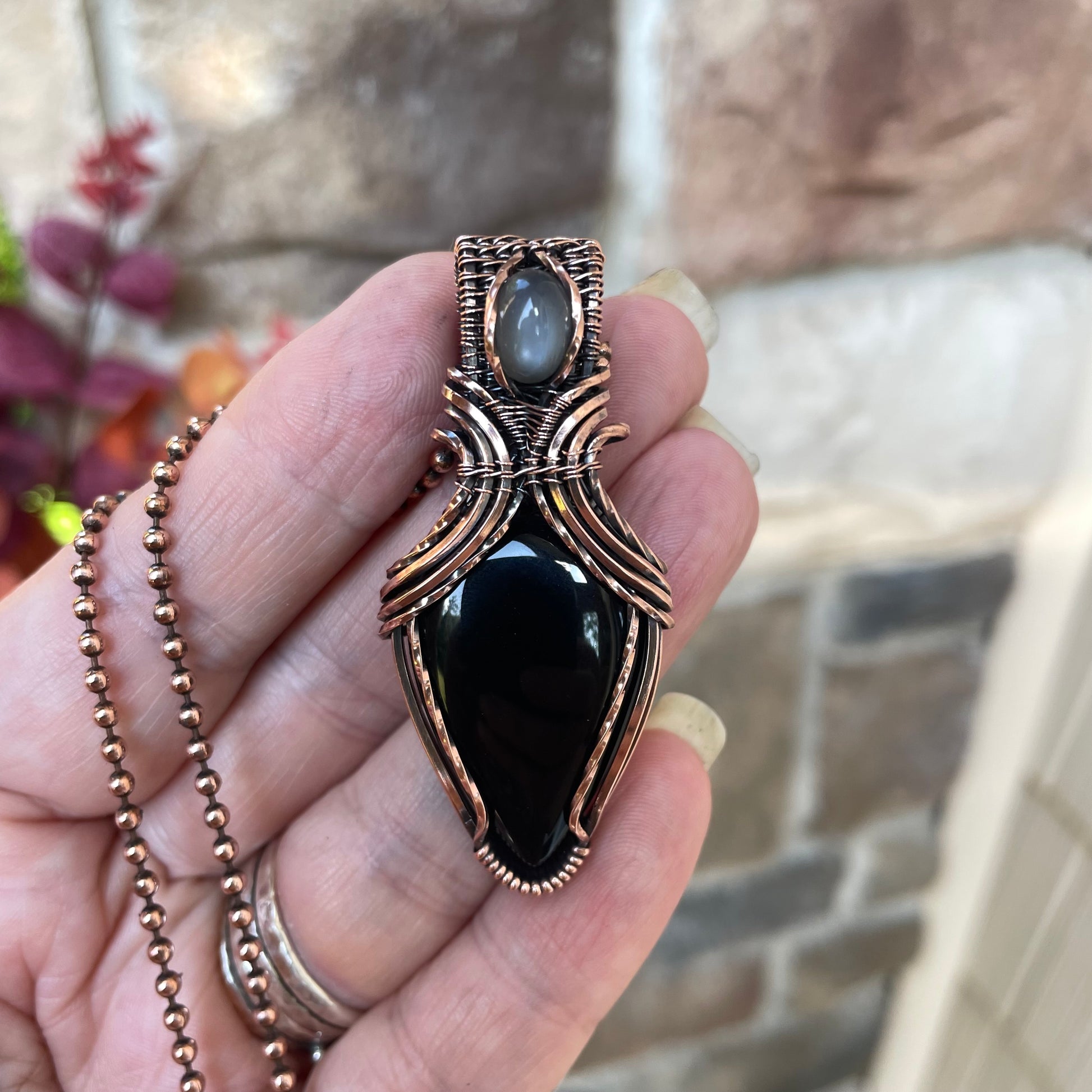 Black Onyx & Gray Moonstone Copper Pendant