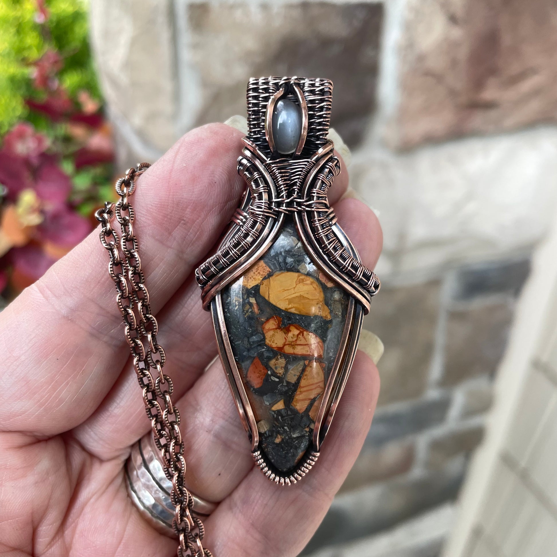 Maligano Jasper & Gray Moonstone Copper Pendant with Weaving